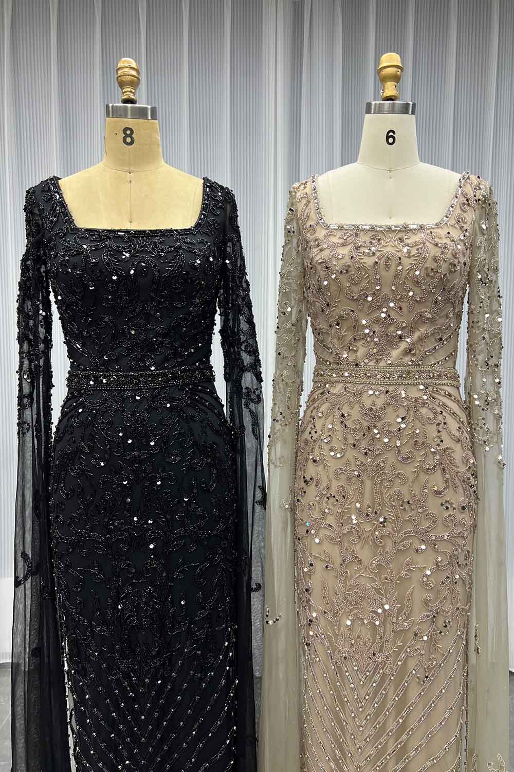 YQLNNE Modest Black Square Collar Crystals Beaded Evening Dress With Long Sleeves