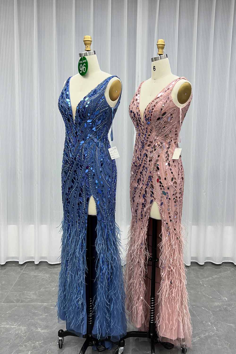 YQLNNE 096 Pink Feathers Long Slit Evening Dress With Lens