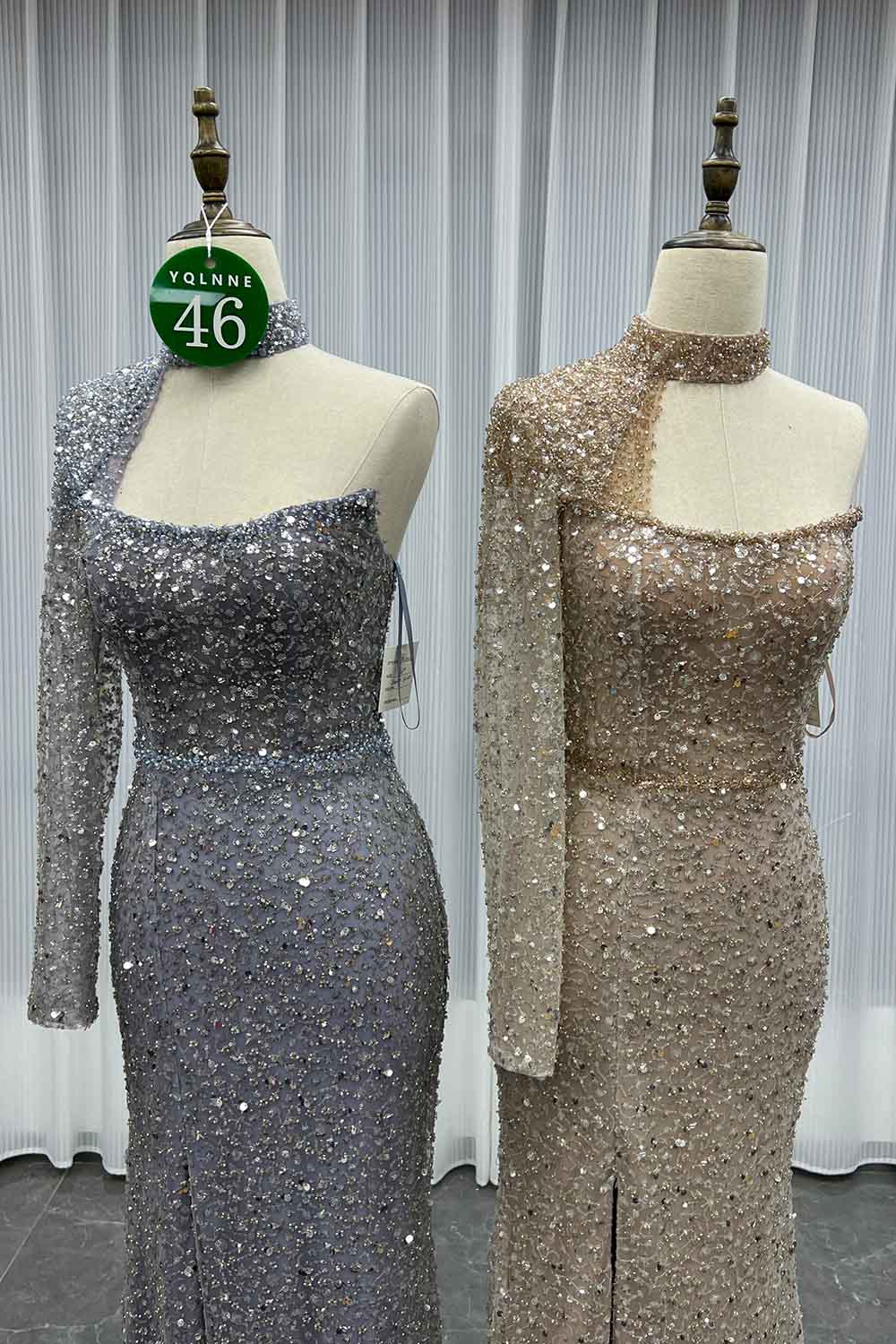 YQLNNE 046 Nude One Shoulder Crystals Evening Dress Long Sleeve Mermaid Formal Gown