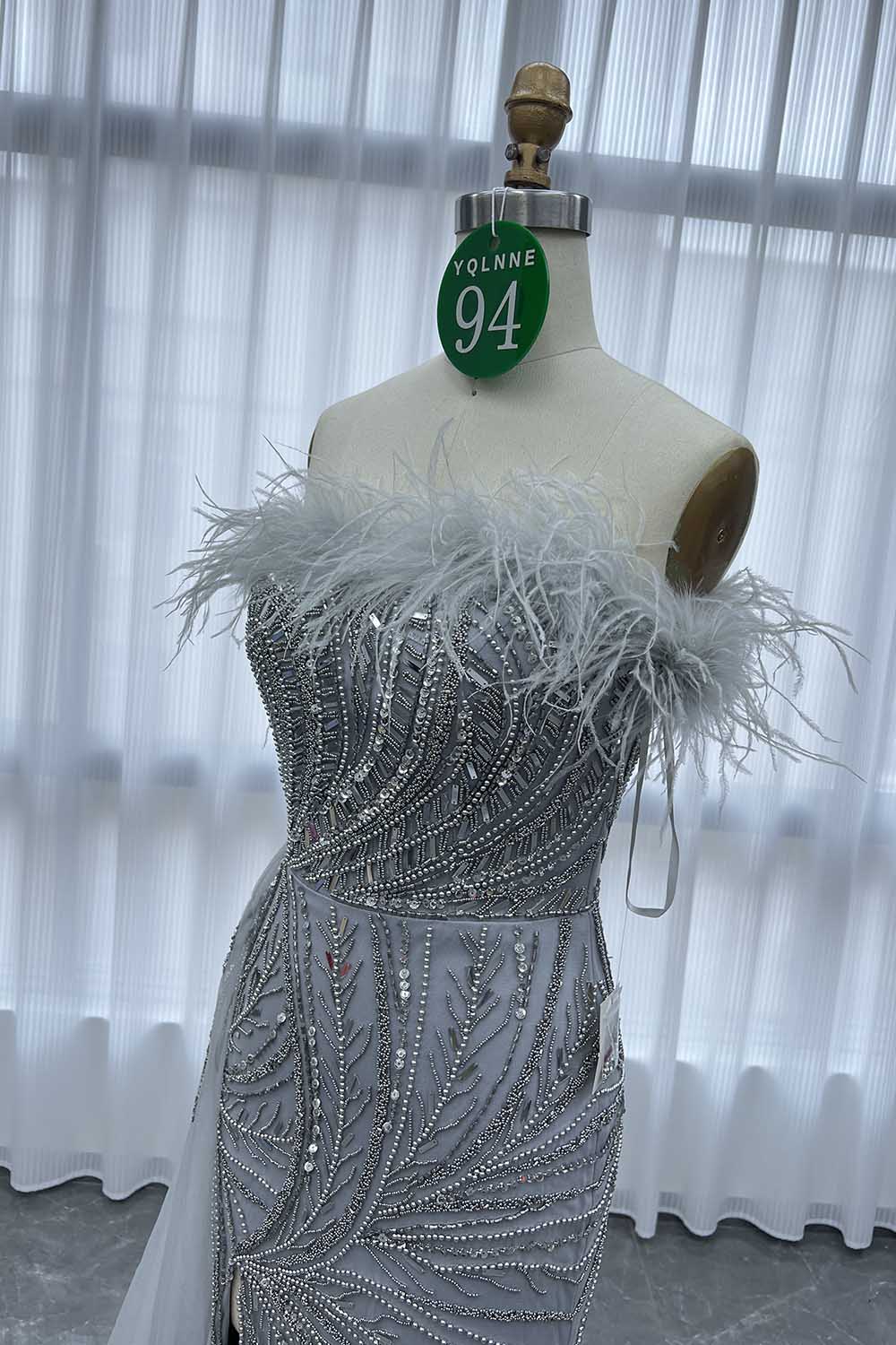 YQLNNE 094 Silver Feathers Beaded Evening Dress Formal Gowns With Removeable Skirt