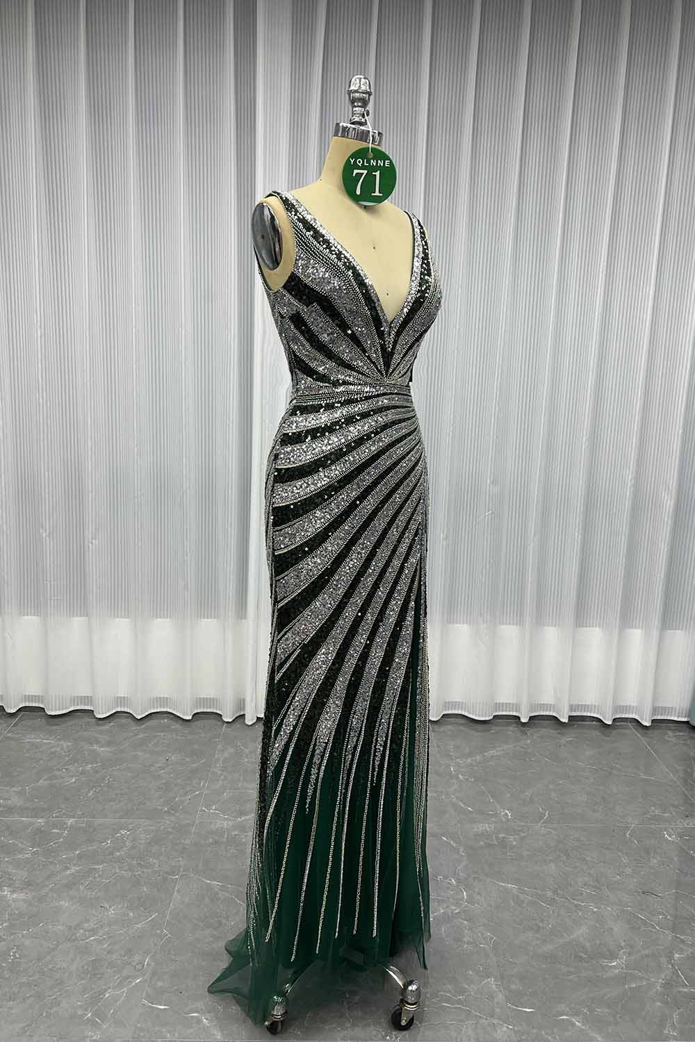 YQLNNE 071 Gold Sequined Long Prom Dresses Mermaid Party Dress