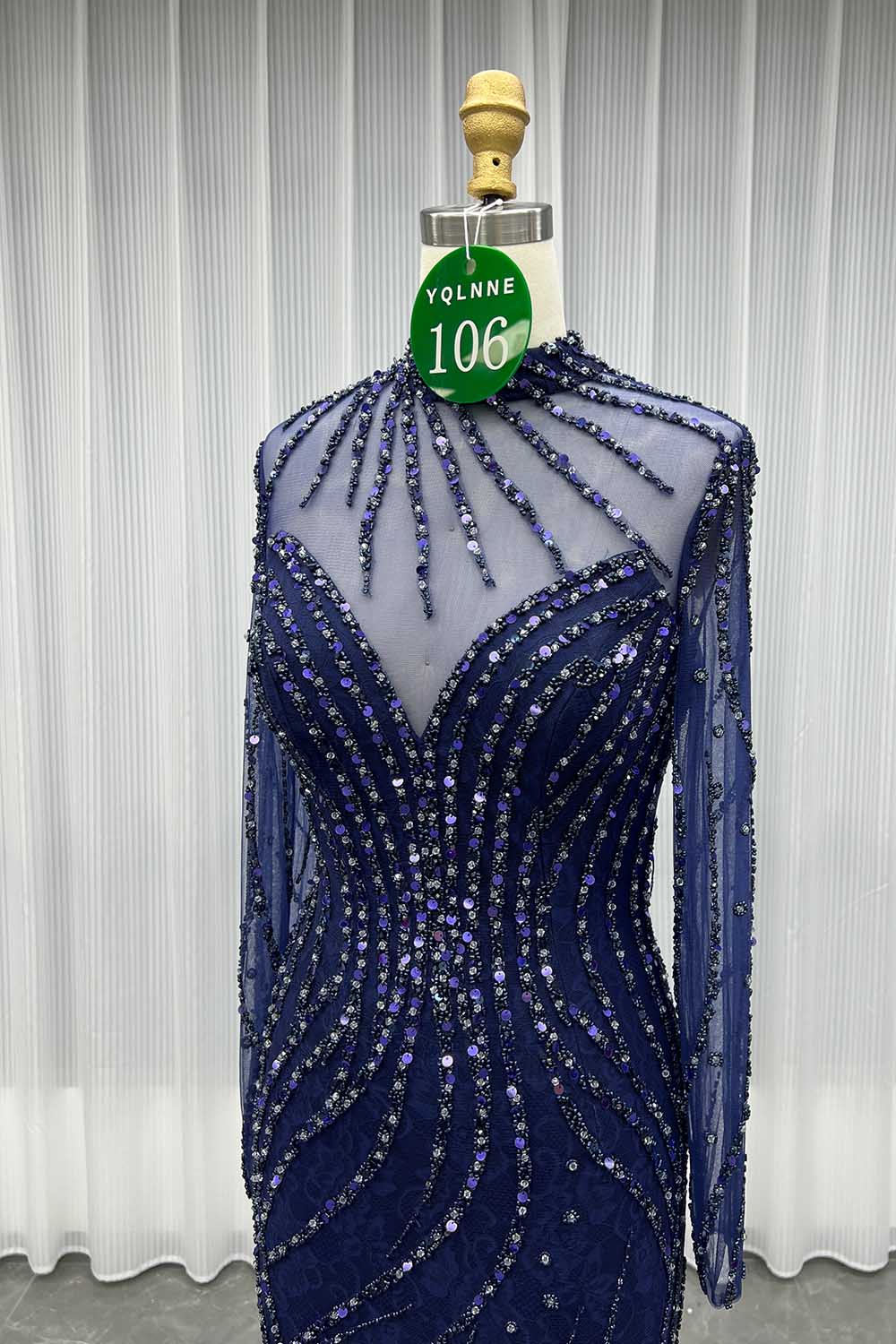 YQLNNE 0106 Modest Navy Long Sleeve Evening Dress Formal Party Gown