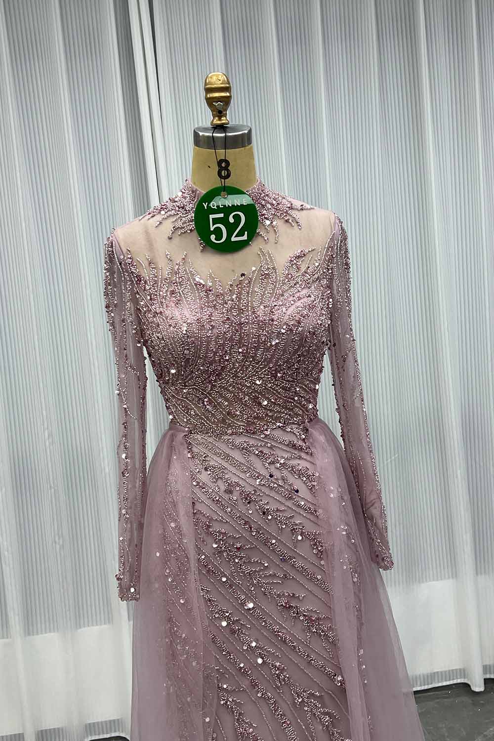 YQLNNE 052 Pink Long Sleeves Handmade Beaded Evening Dress With Removable Train