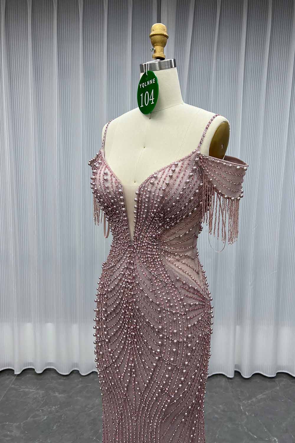 YQLNNE 0104 Pink Off Shoulder Evening Party Gown Handmade Pearls Beaded
