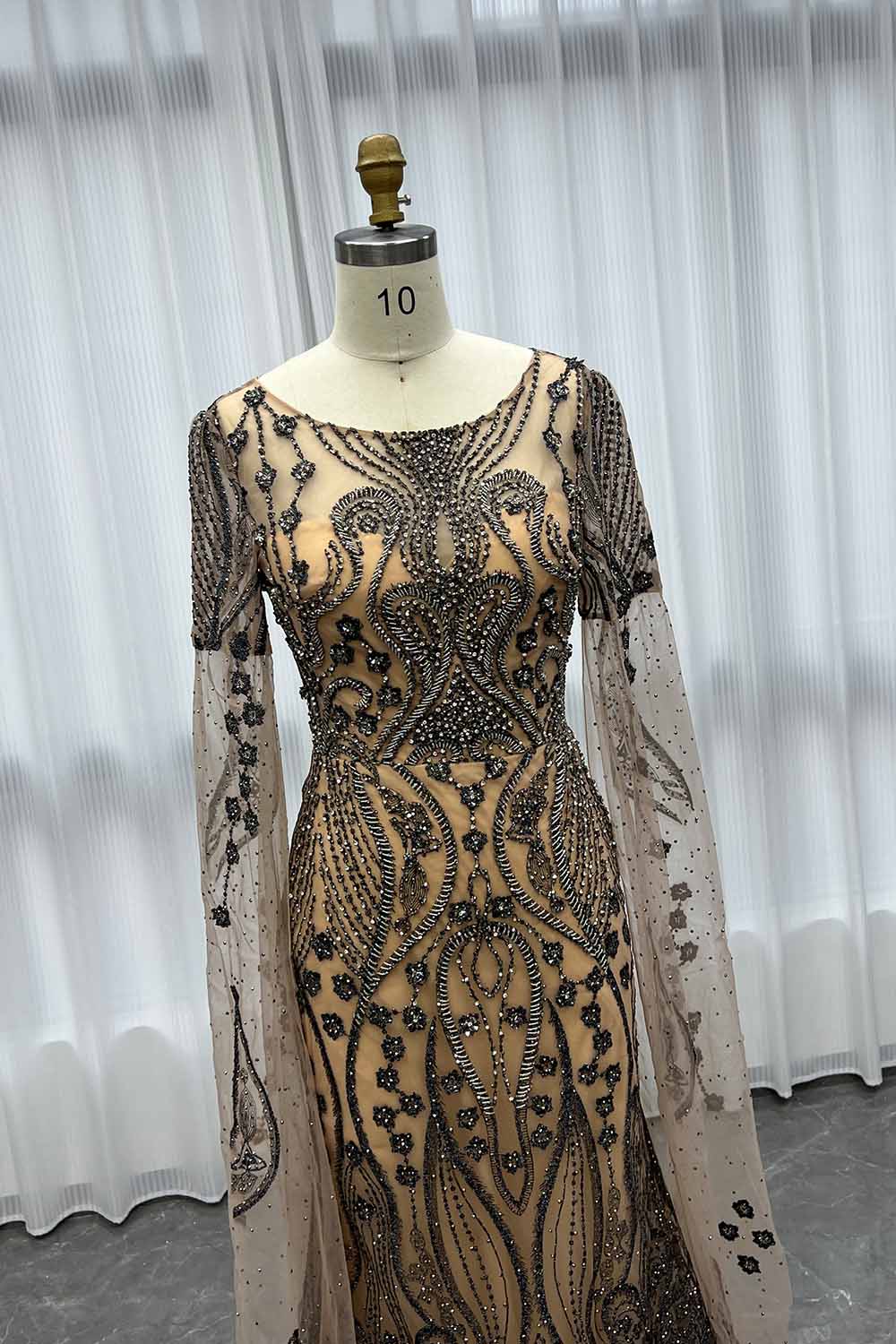 YQLNNE Modest Gray Nude Evening Dress With Cap Sleeves