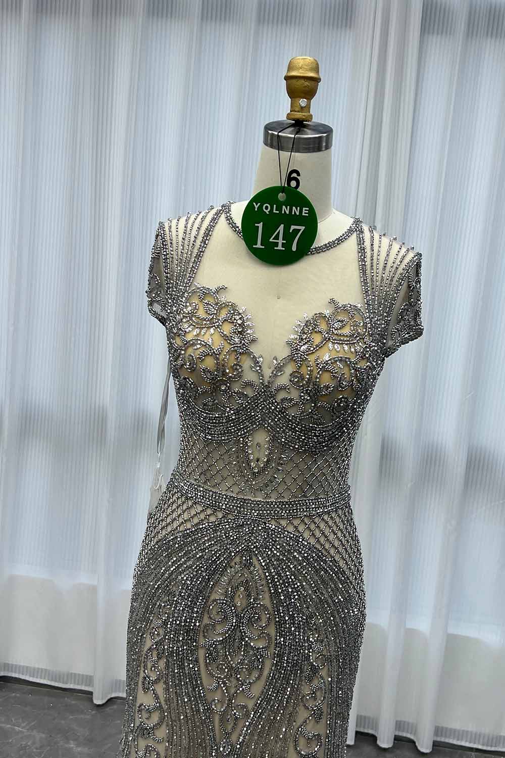 YQLNNE 0147 Silver Nude Crystals Beaded Evening Dress With Cap Sleeves