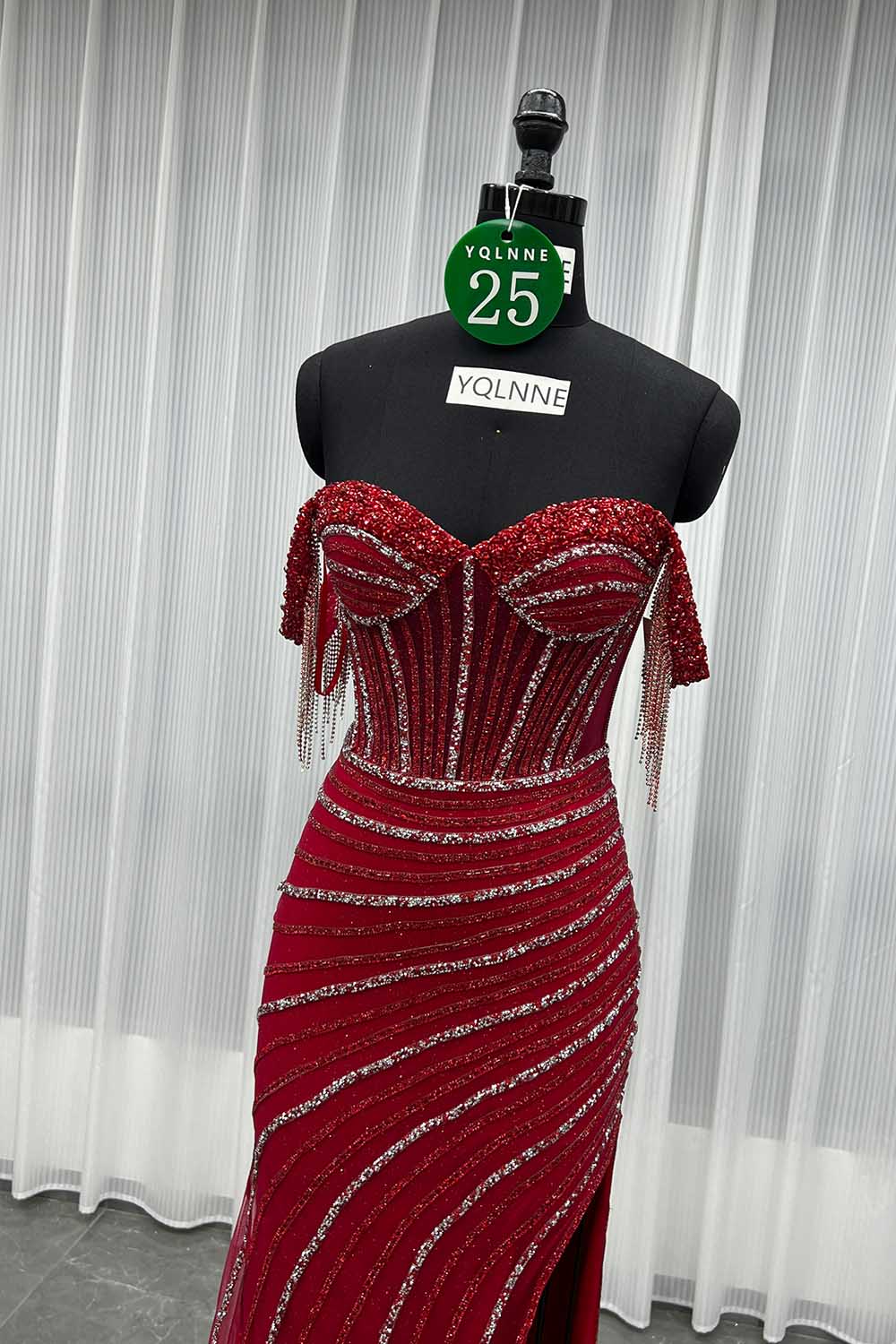 YQLNNE 025 Red Off Shoulder Crystals Beaded Prom Dress Long Evening Gown
