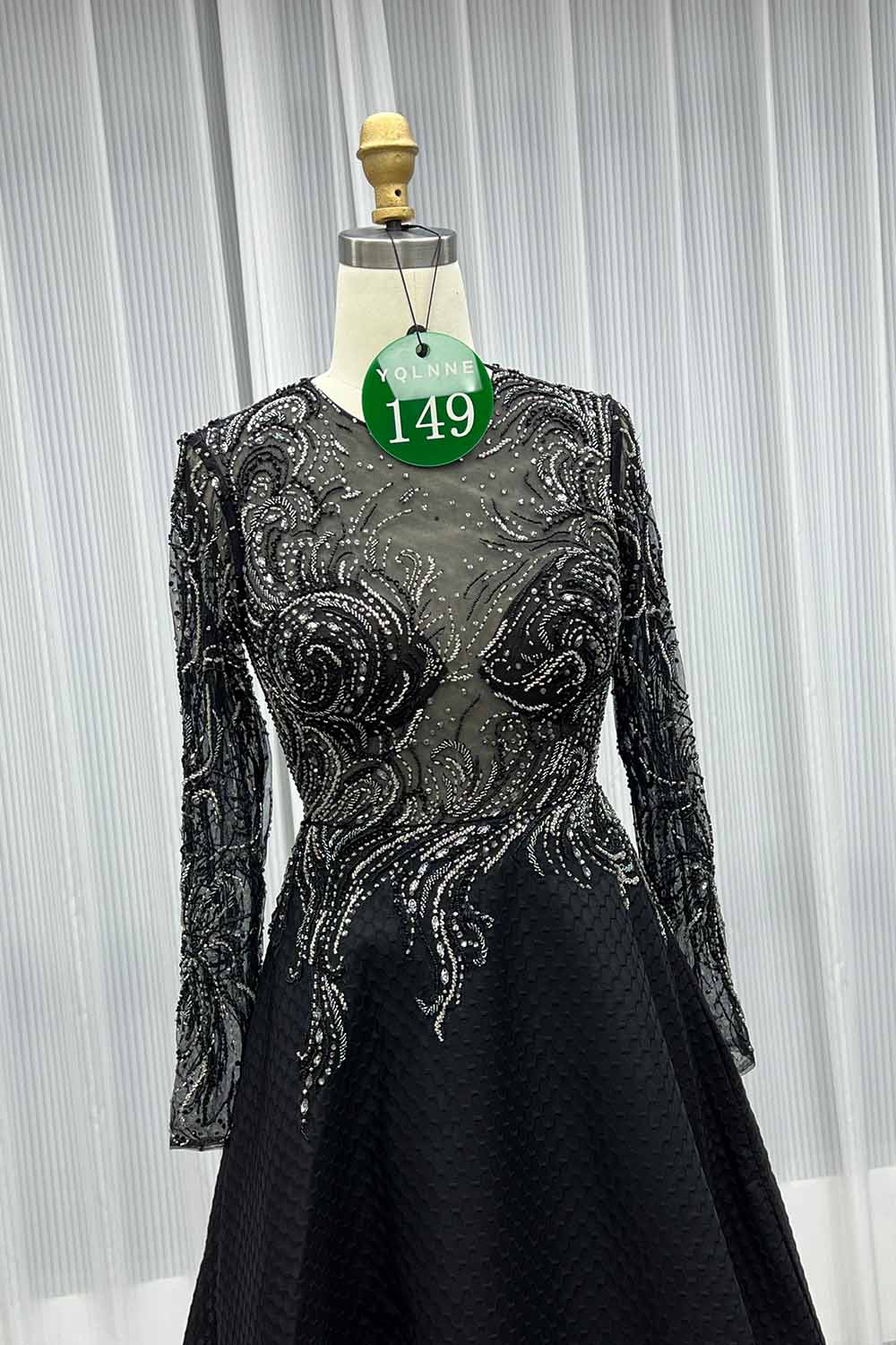 YQLNNE 0149 Black Crystals Beaded Tea-Length Evening Party Dress Full Sleeves