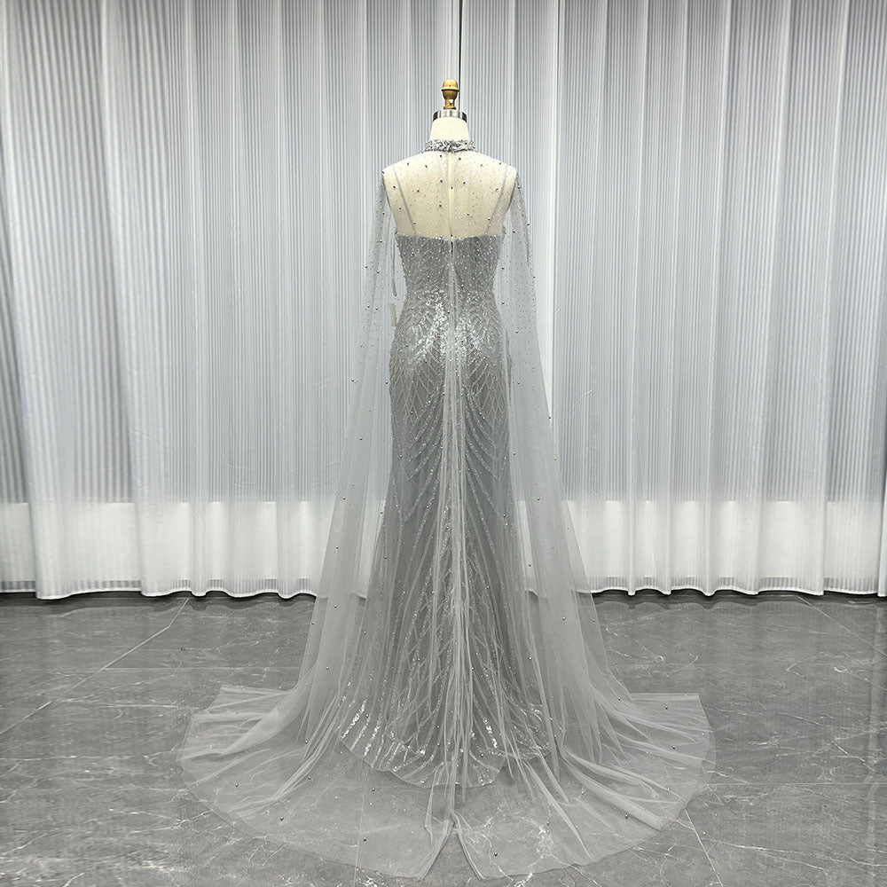 YQLNNE 17009 Silver Straps Long Evening Dress With Cape