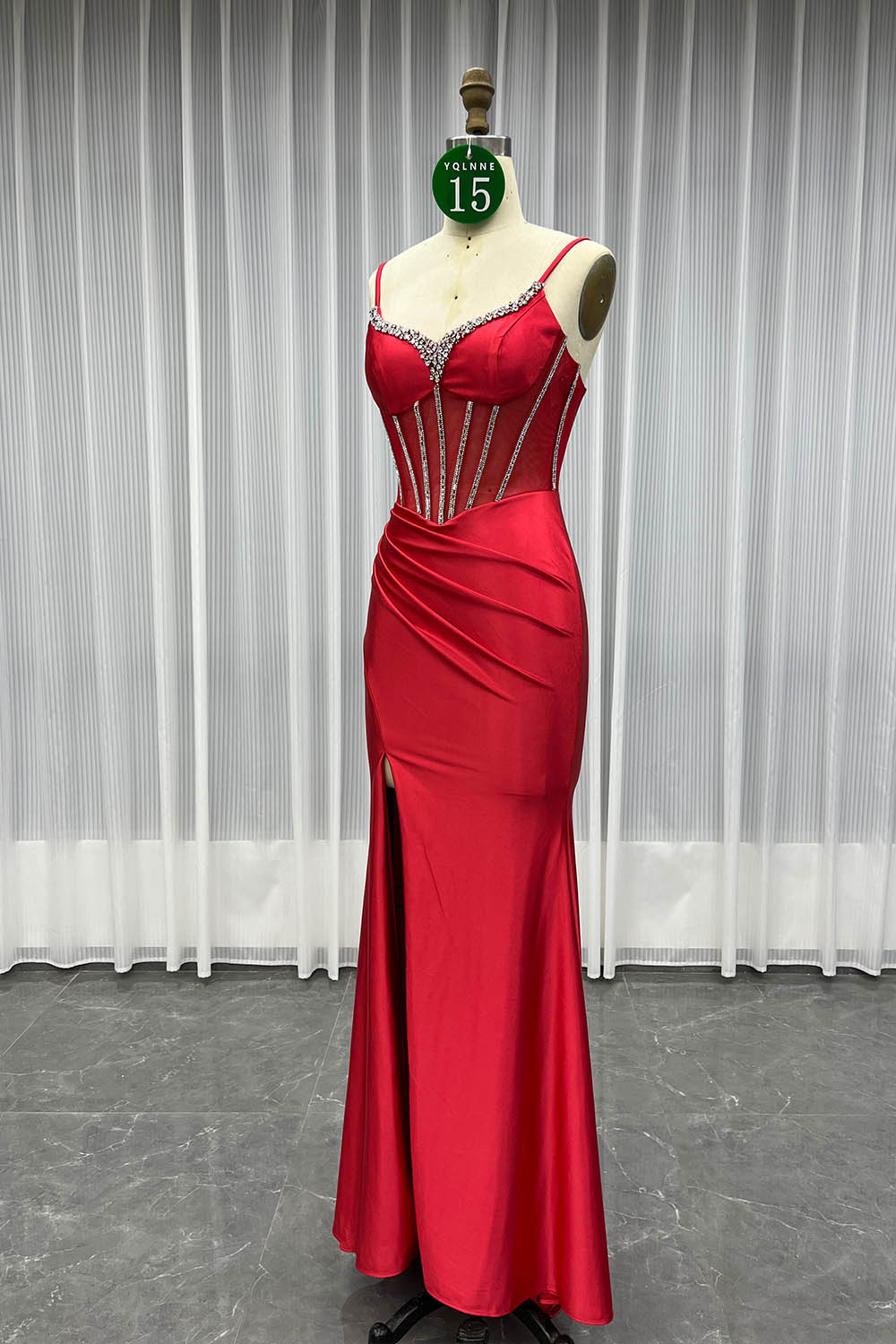 YQLNNE 015 Red Crystals Long Prom Dress Straps Satin Slit