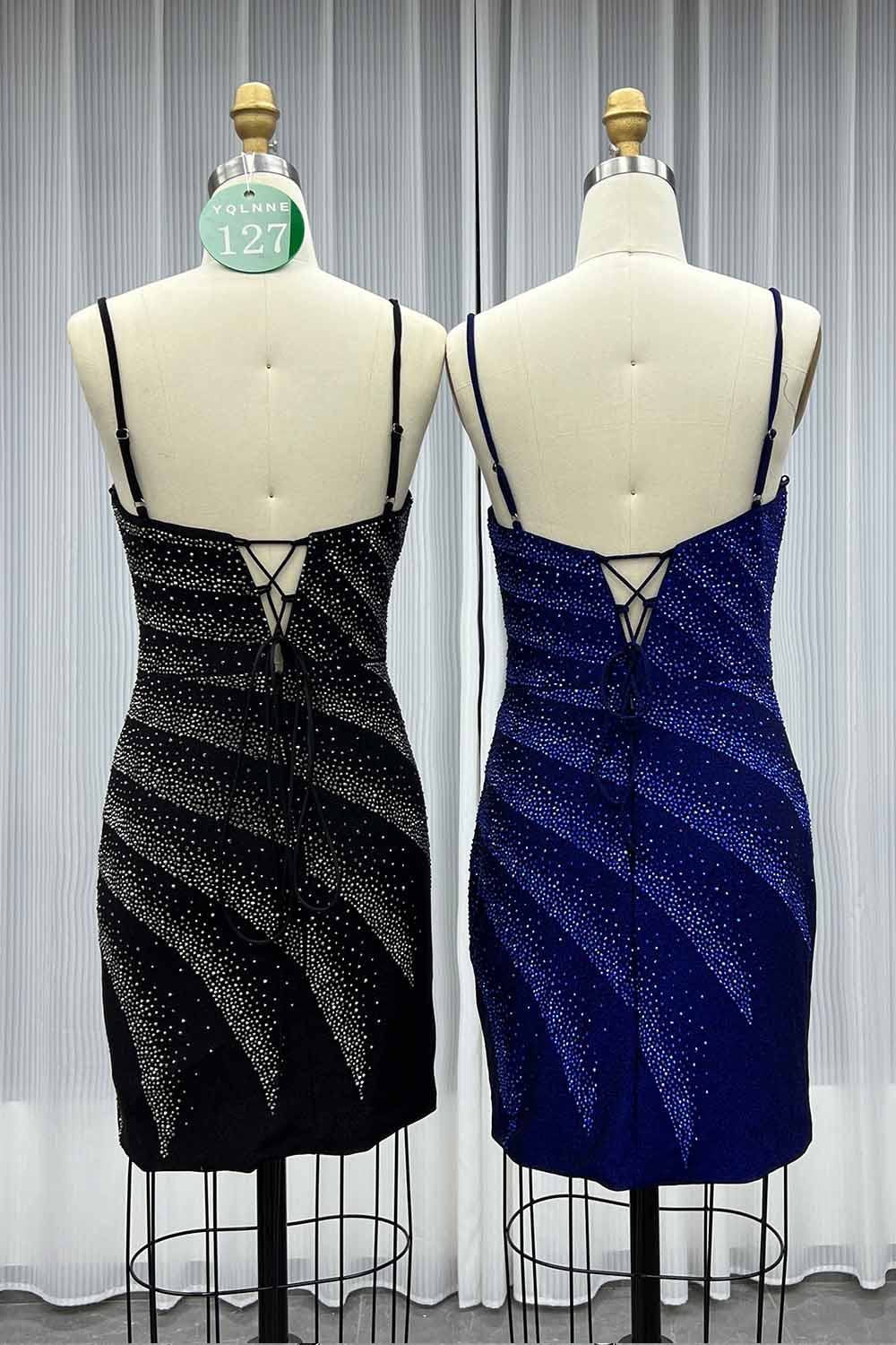 YQLNNE 0127 Black Short Mini Cocktail Dress Crystals Party Gown