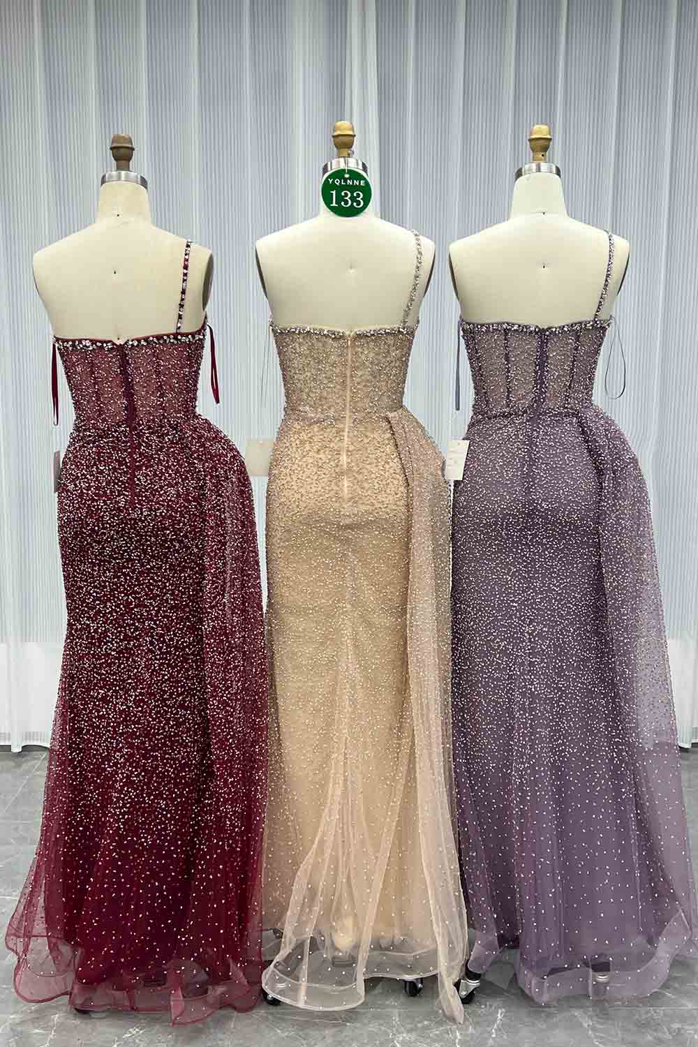 YQLNNE 0133 Rose Gold One Shoulder Crystals Evening Dress With Side Skirt