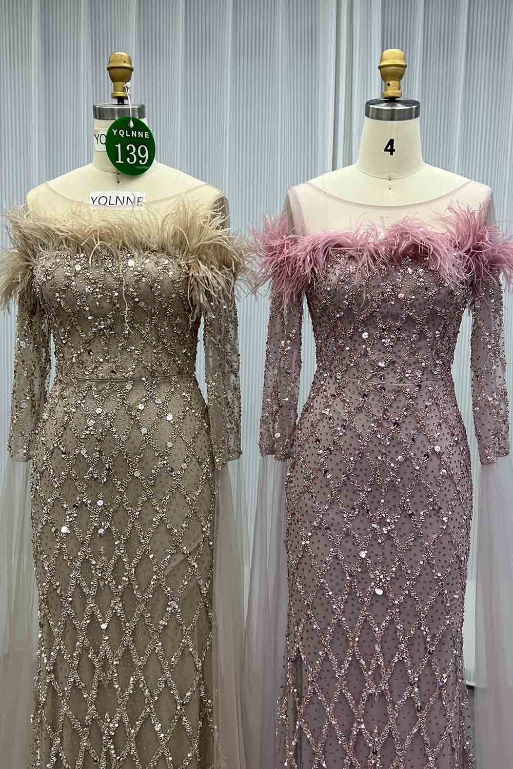 YQLNNE 0139 Nude Feathers Beaded Evening Dress With Sleeves
