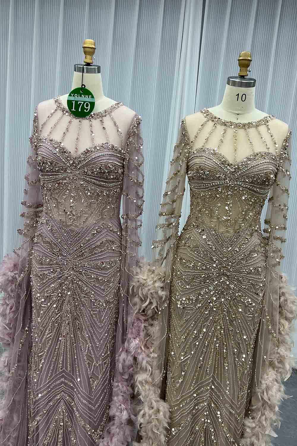 YQLNNE 0179 Pink Long Sleeves Feathers Evening Dress With Handmade Crystals Beaded