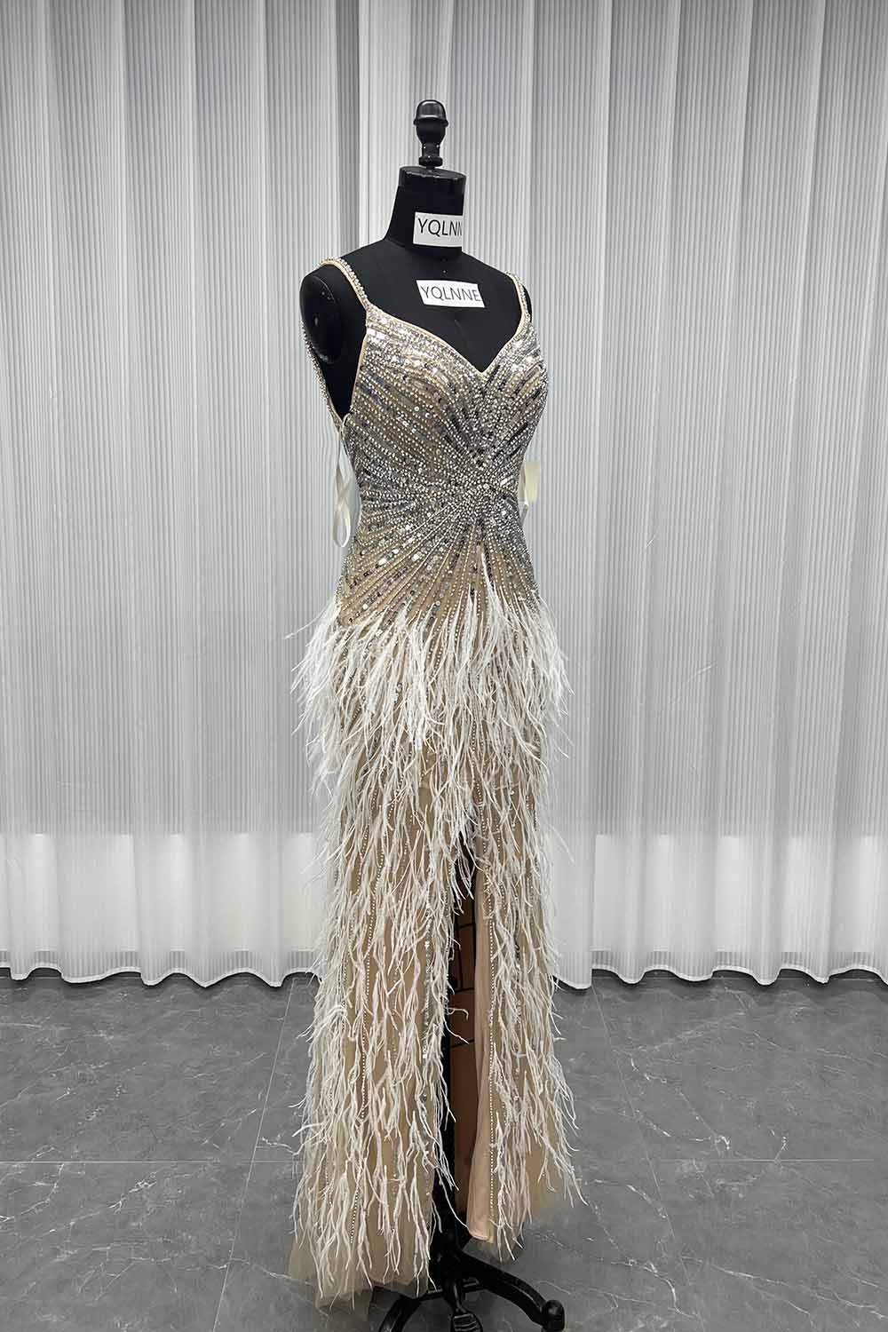 YQLNNE 043 Silver Nude Feathers Crystals Evening Dress Wedding Party Gown
