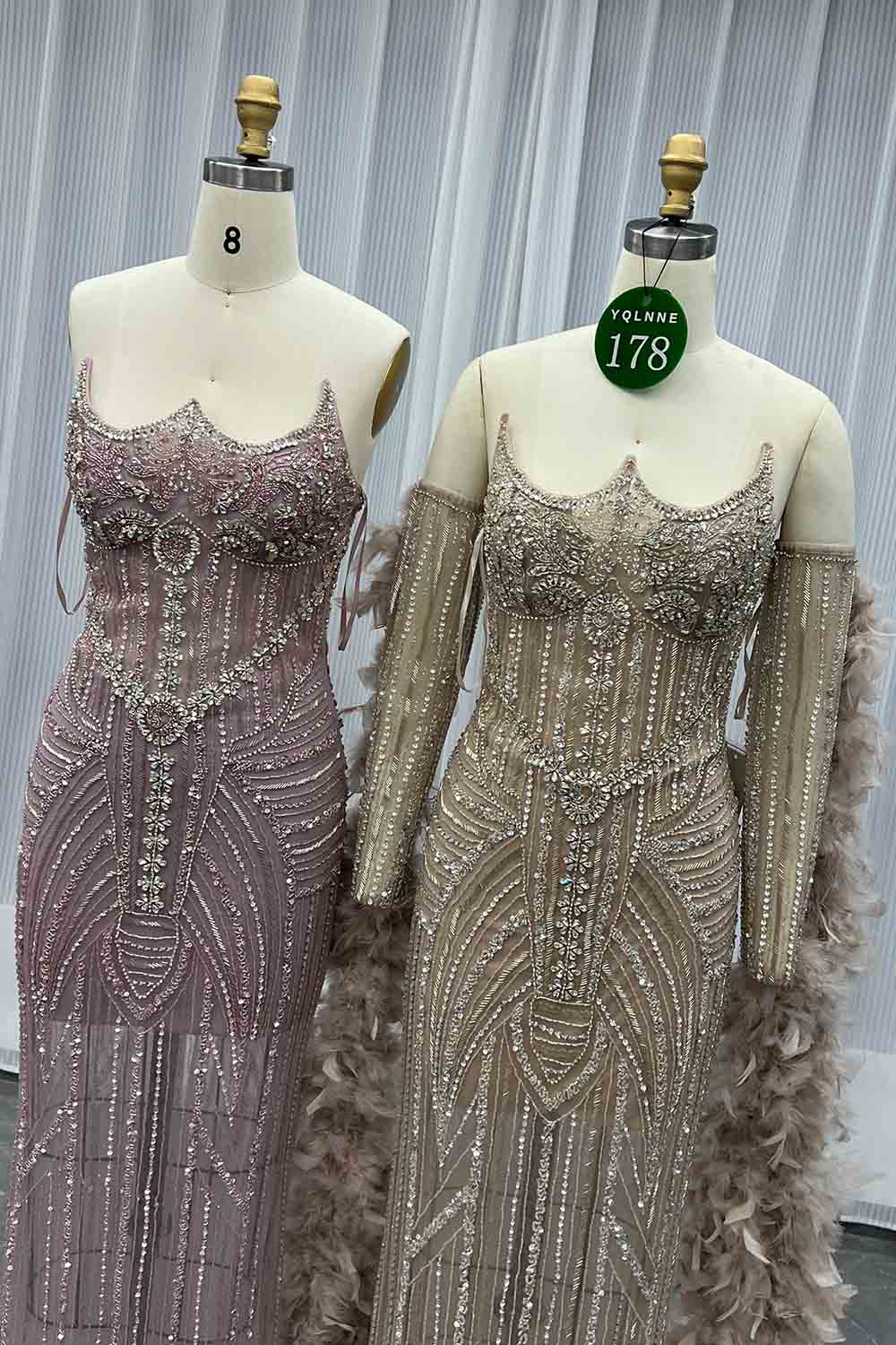 YQLNNE 0178 Pink Feathers Crystals Beaded Evening Dress Mermaid Removable Train