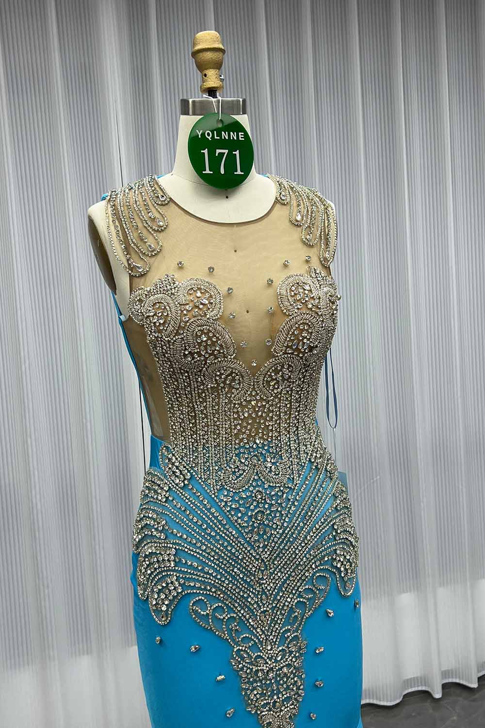 YQLNNE 0171 Blue Crystals Beaded Long Mermaid Prom Dress Backless