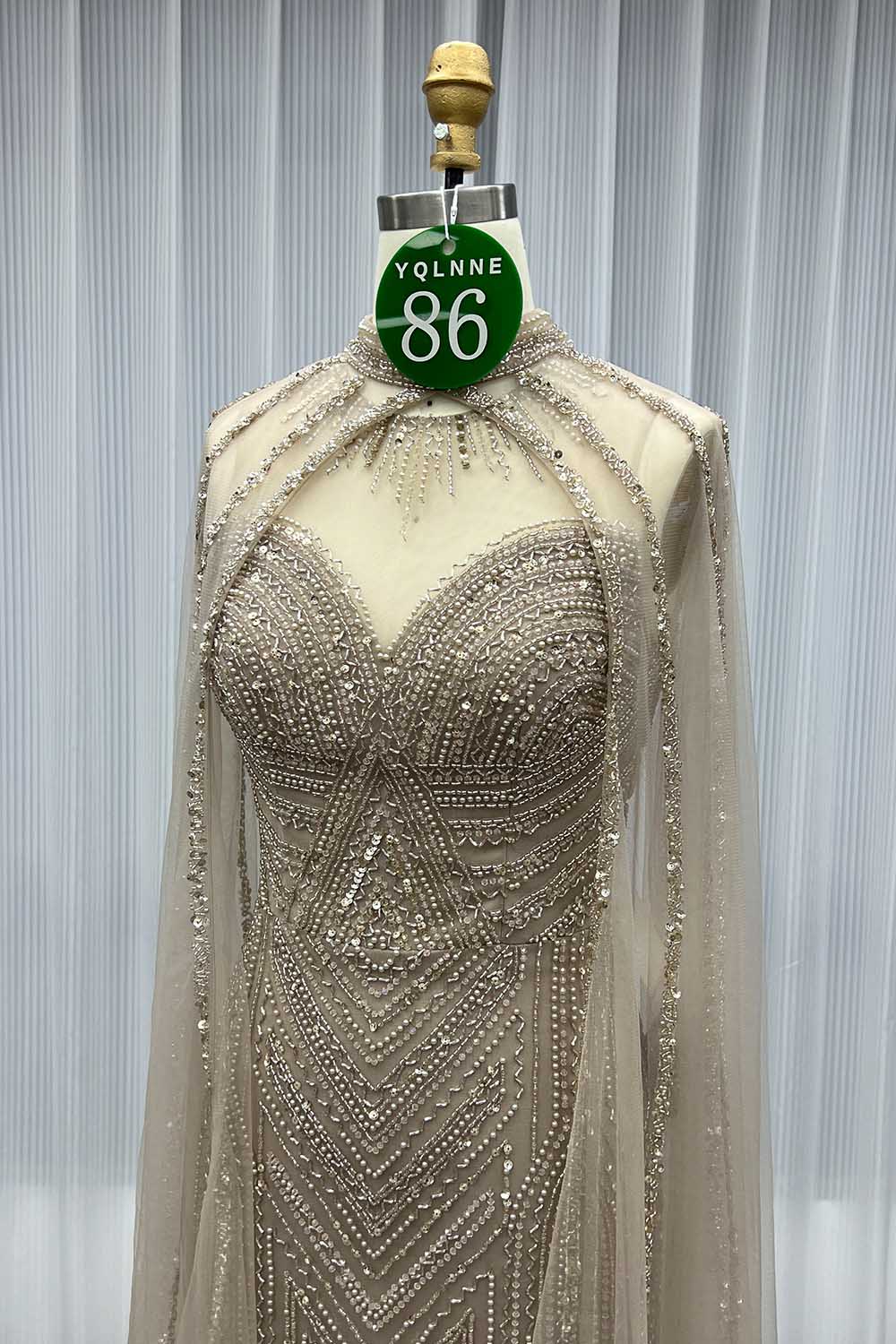 YQLNNE 086 Nude Crystals Beaded Evening Dress Women Party Gown With Shawl