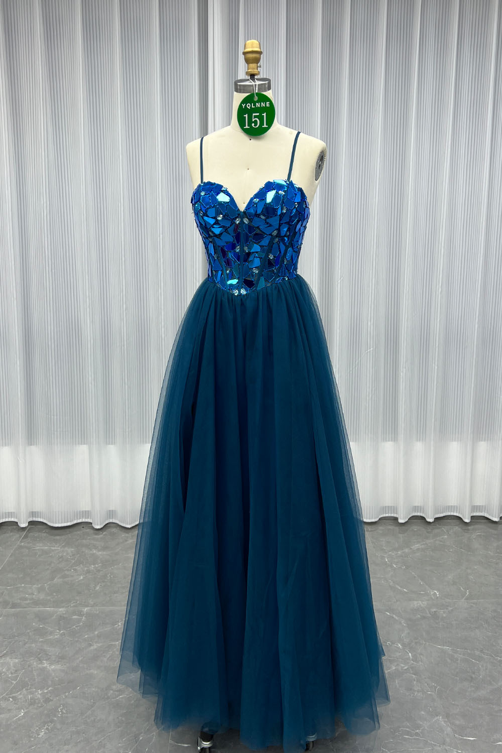 YQLNNE 0151 Blue Spaghetti Lens Long Prom Dress