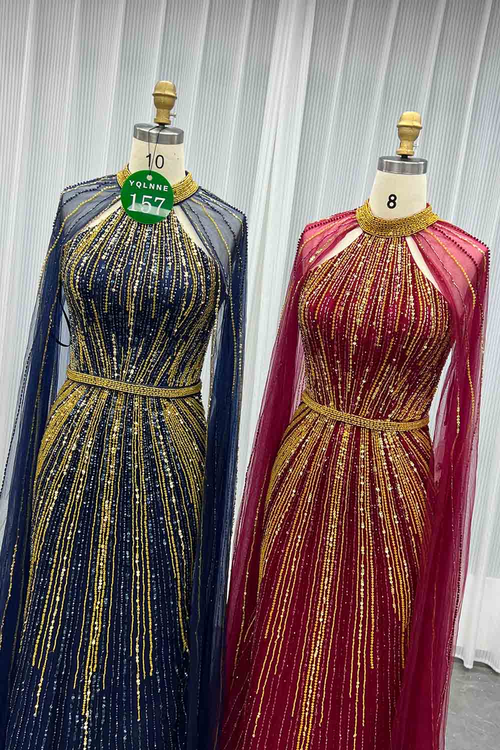 YQLNNE 0157 Navy High Collar Evening Dress With Handmade Crystals Beaded