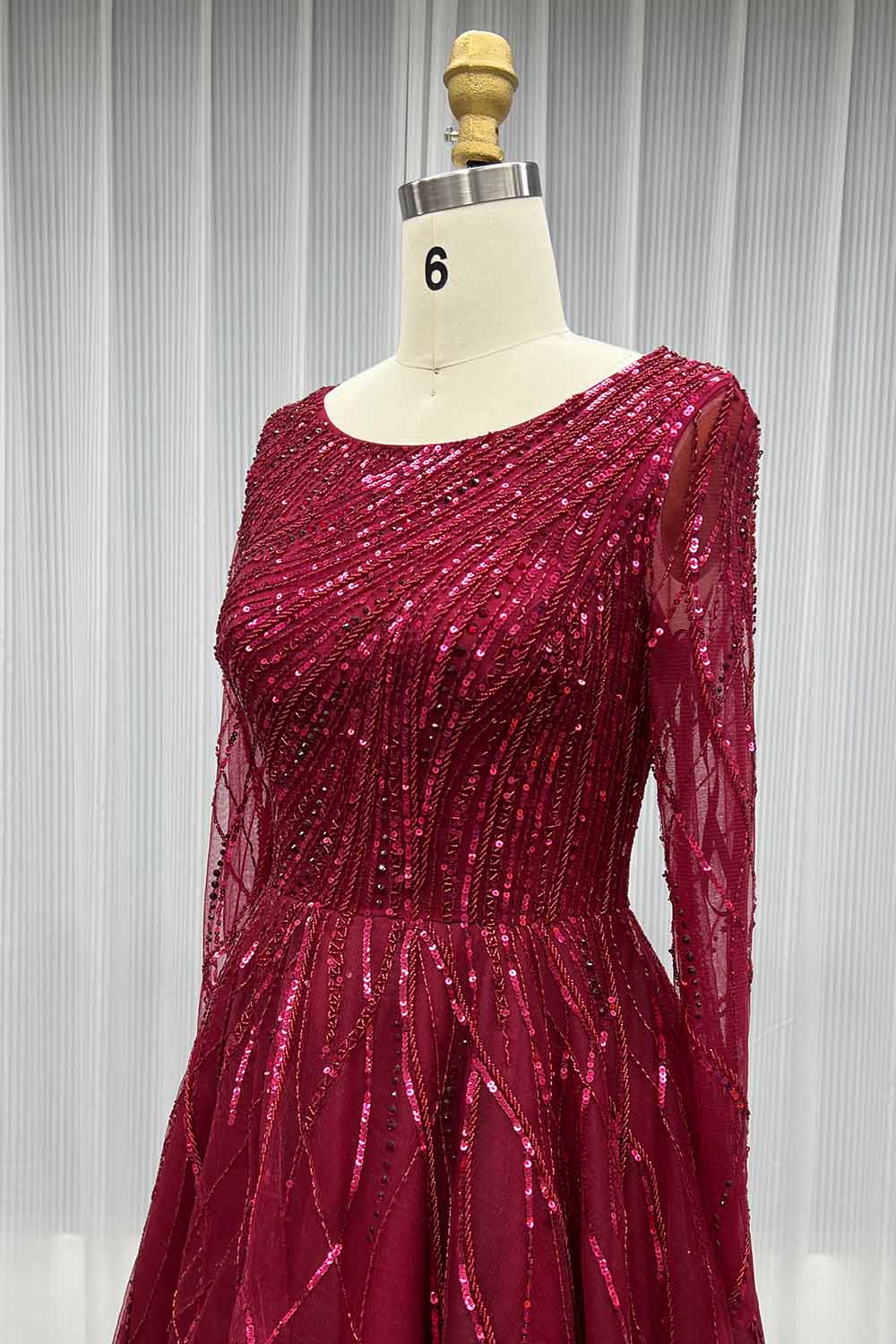 YQLNNE Modest Wine Red Handmade Beaded Evening Party Gown