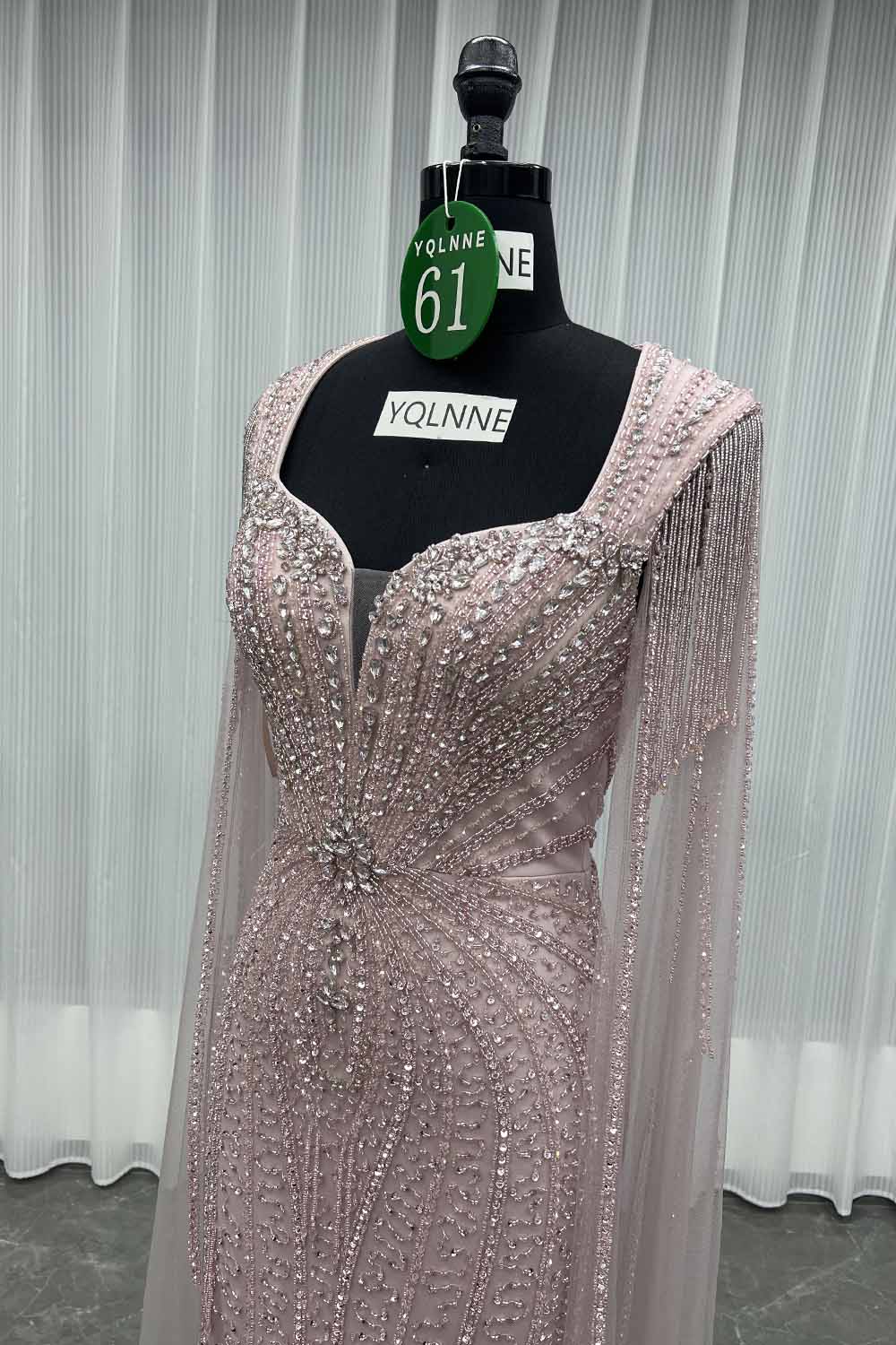 YQLNNE 061 Modest Pink Rhinestones Evening Dress With Shawl