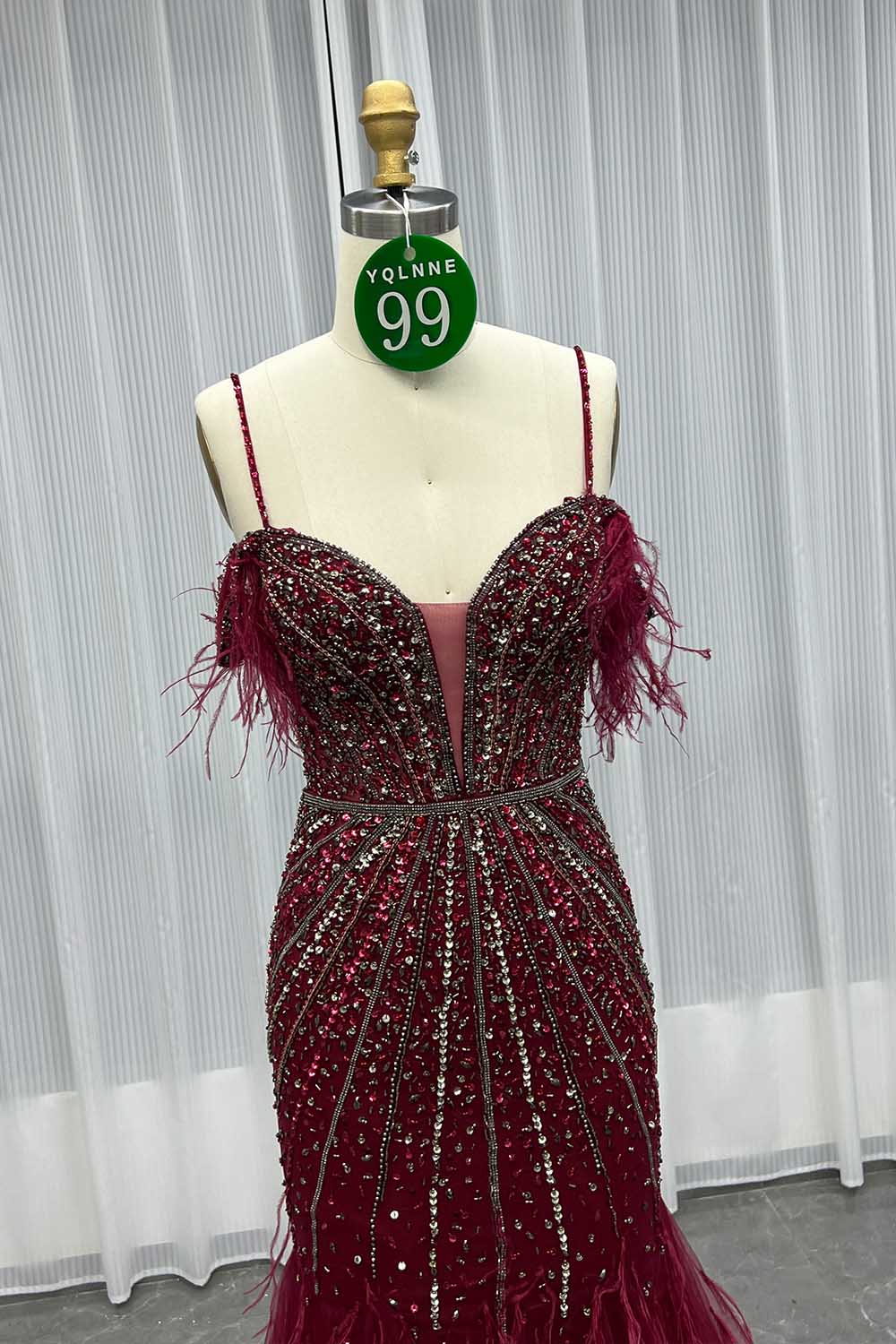 YQLNNE 099 Burgundy Feathers Crystals Mermaid Evening Dress Lace-up Back