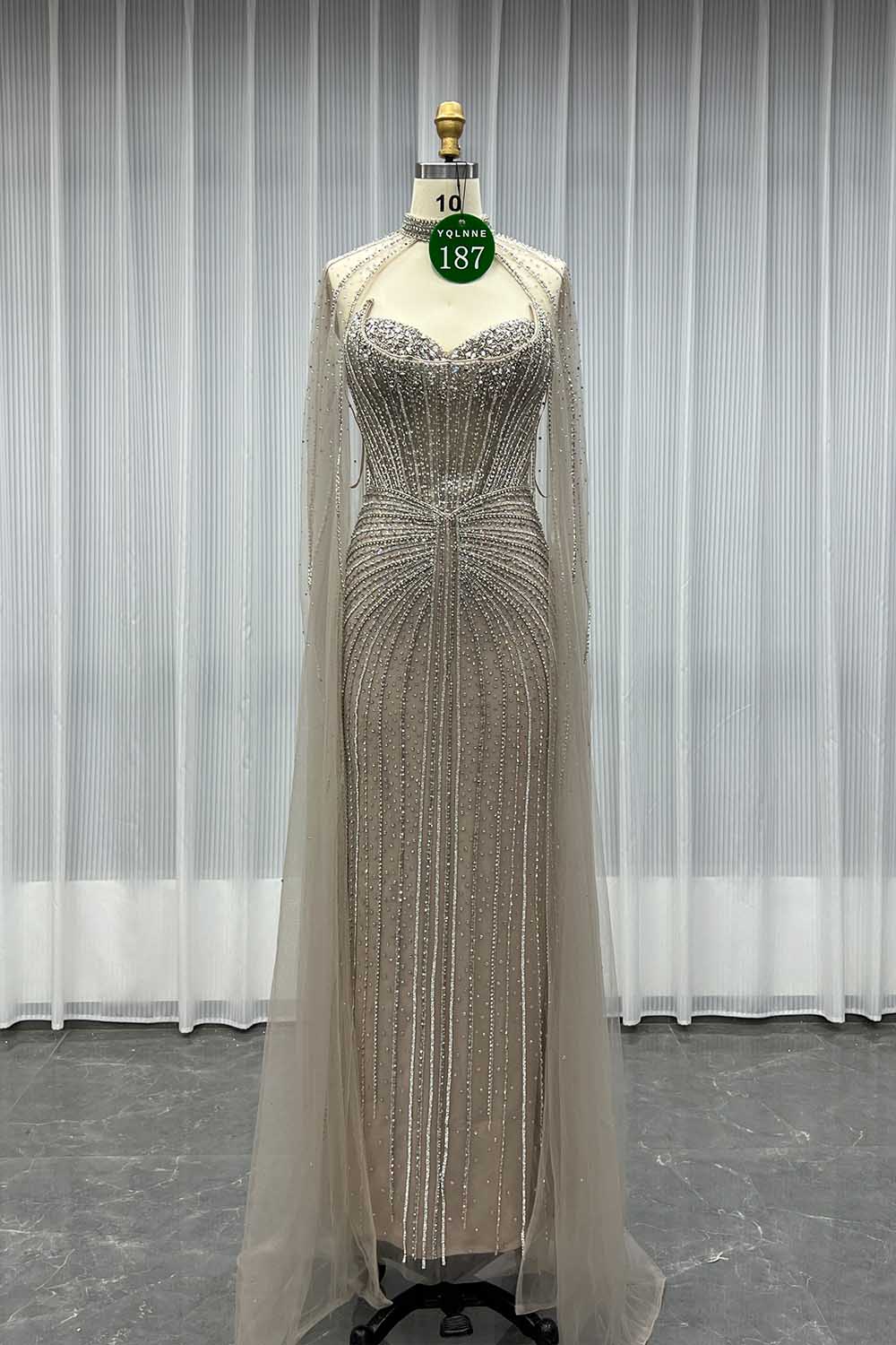 YQLNNE 0187 Pink Crystals Evening Dress With Removable Shawl