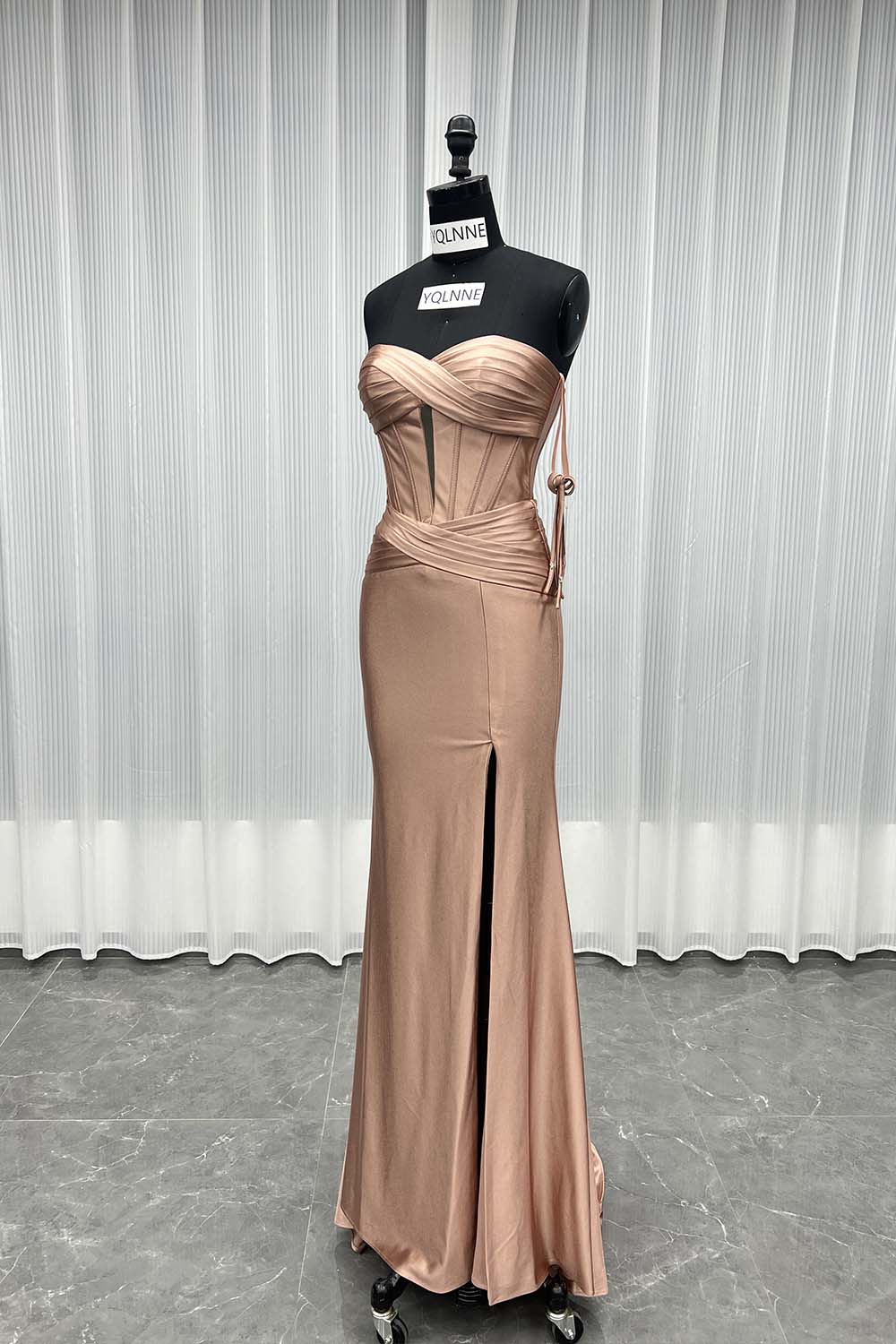 YQLNNE 097 Green Satin Long Slit Prom Dress Mermaid Party Gown
