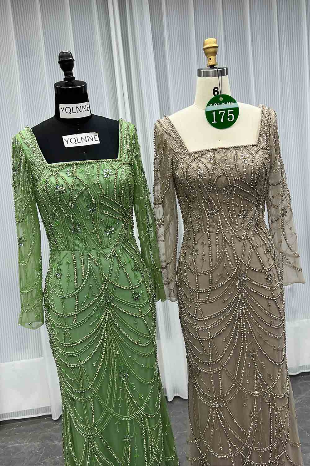 YQLNNE 0175 Nude Square Collar Crystals Beaded Evening Dress With Long Sleeves