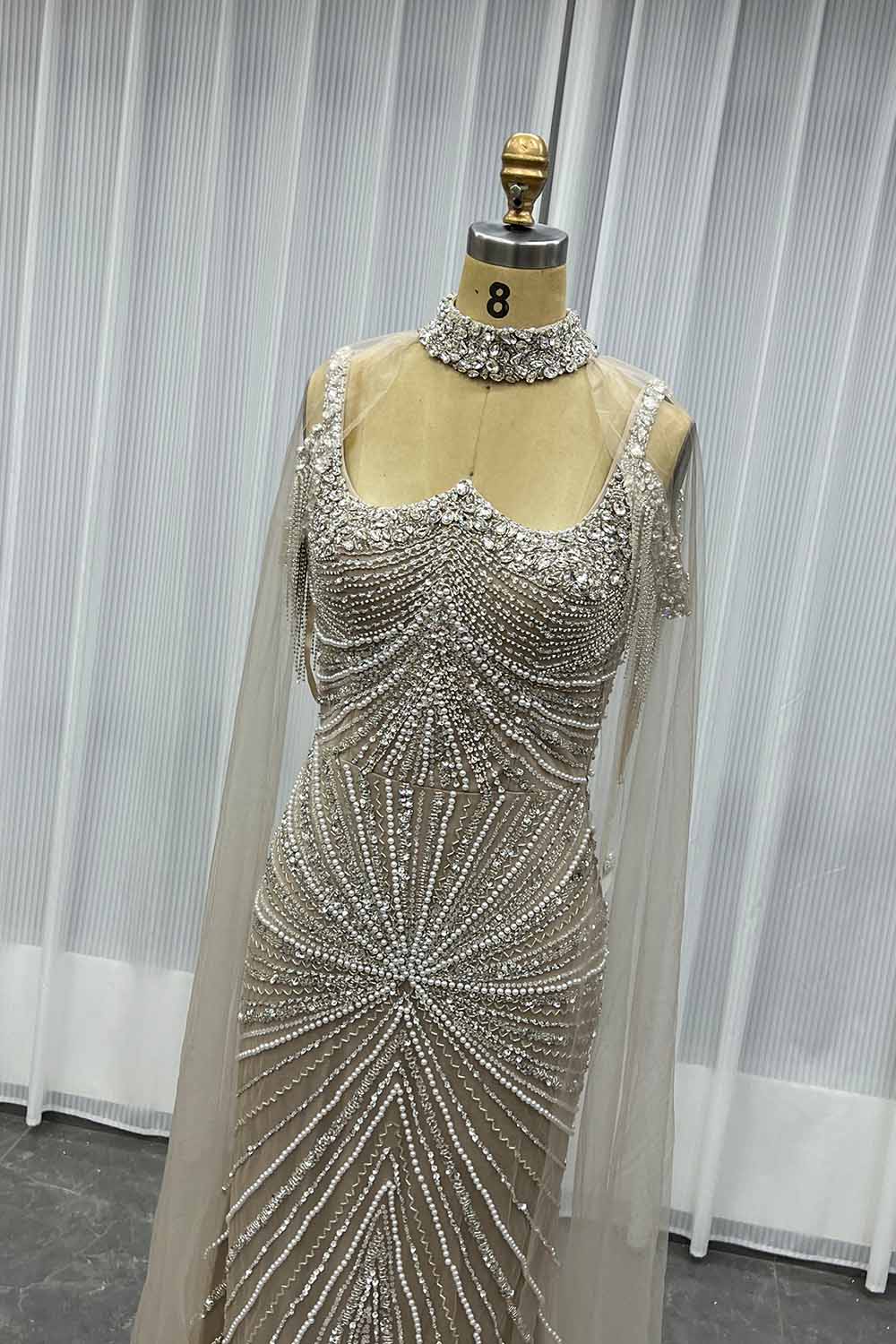 YQLNNE Mocha Crystals Evening Dress Mermaid With Necklace