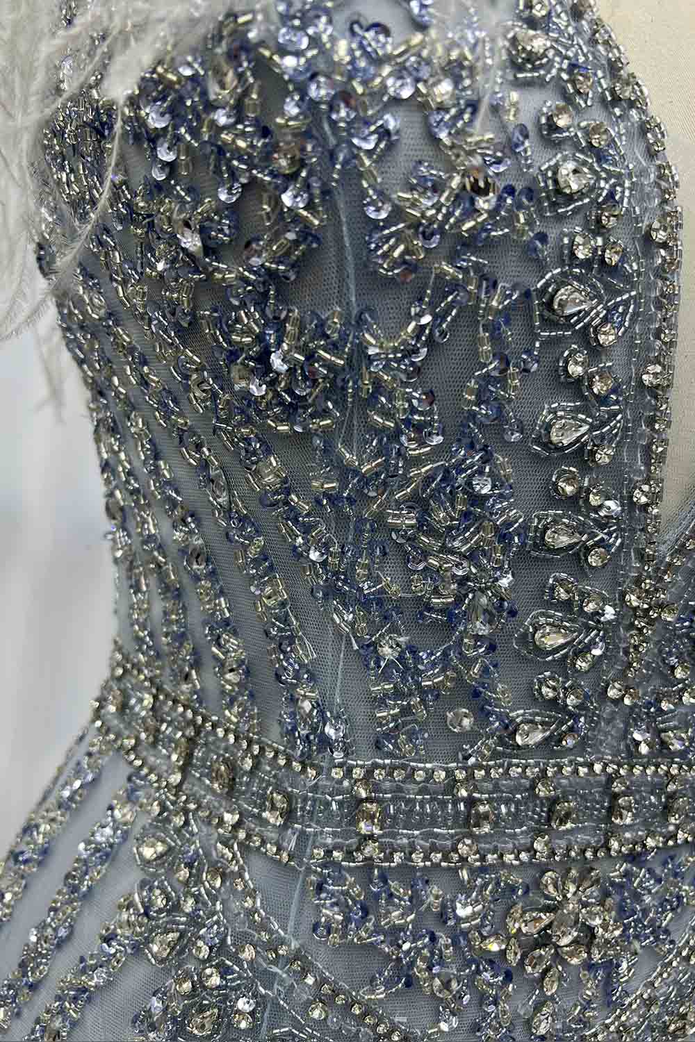 YQLNNE 029 Light Blue Feathers Evening Dress Handmade Crystals Beaded