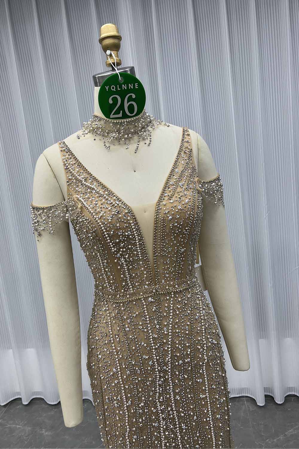 YQLNNE 026 Gold Off Shoulder Crystals Prom Dresses Long Beaded Formal Evening Party Gown