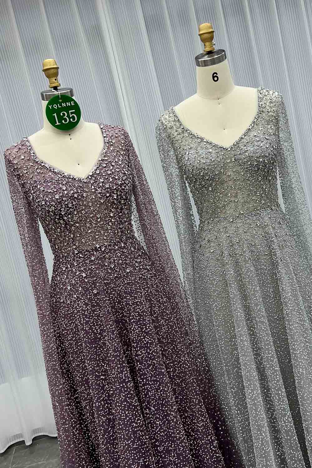 YQLNNE 0135 Sparkly Silver Crystals Evening Dresses Cape Sleeves Long Aline Formal Women Party Gown
