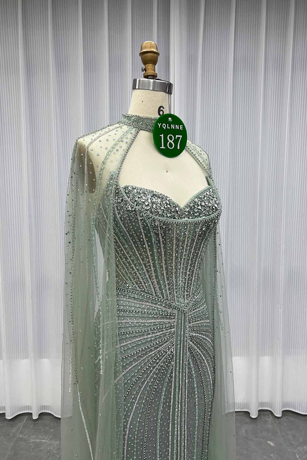 YQLNNE 0187 Sage Green Rhinestones Mermaid Evening Dress With Removable Shawl