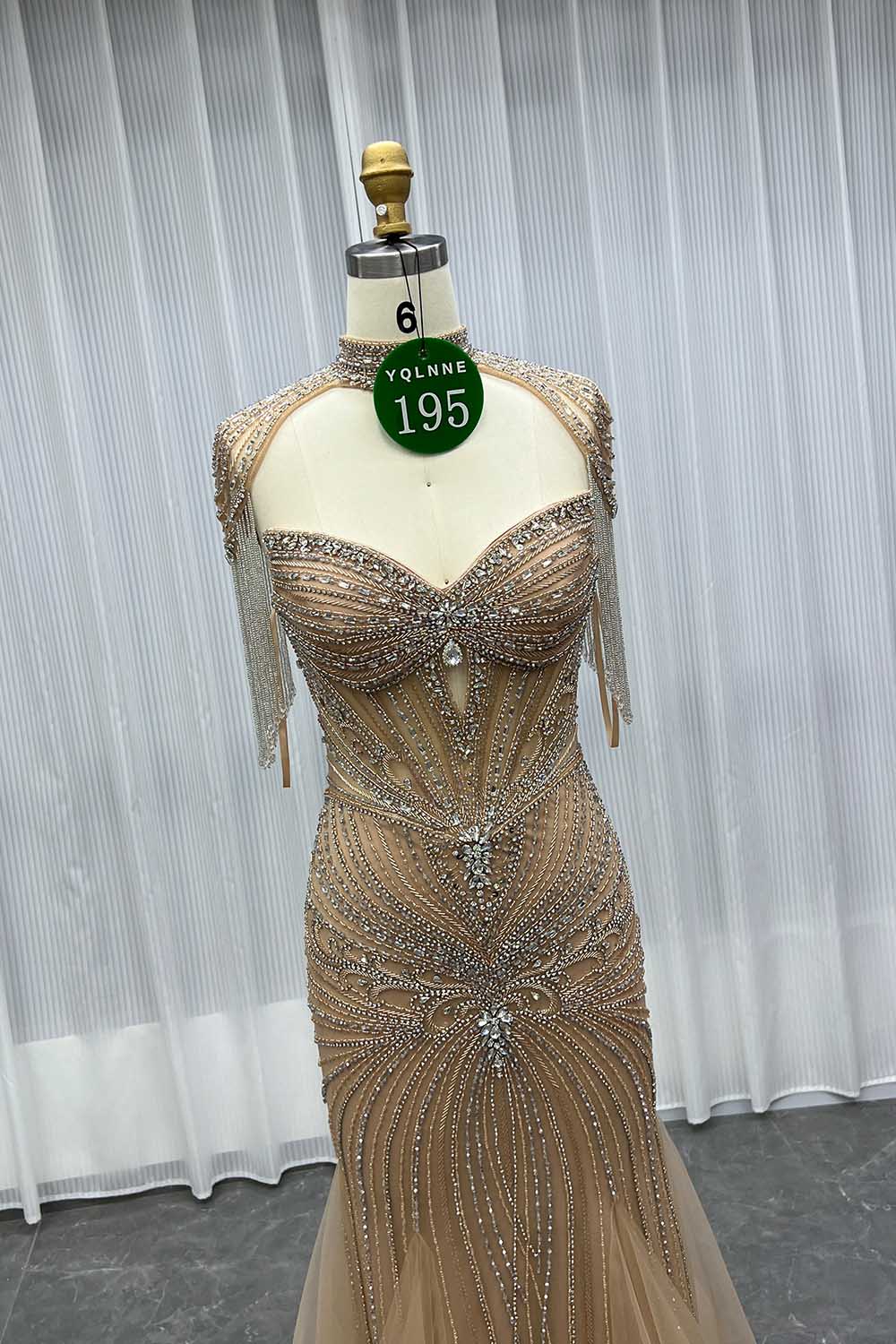 YQLNNE 0195 Luxury Gold Crystals Evening Party Gown With Necklace