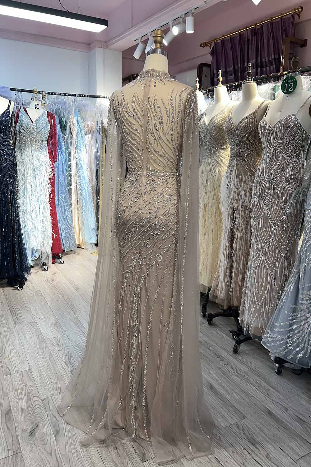 YQLNNE 049 Nude Handmade Beaded Evening Dress With Cape Sleeves