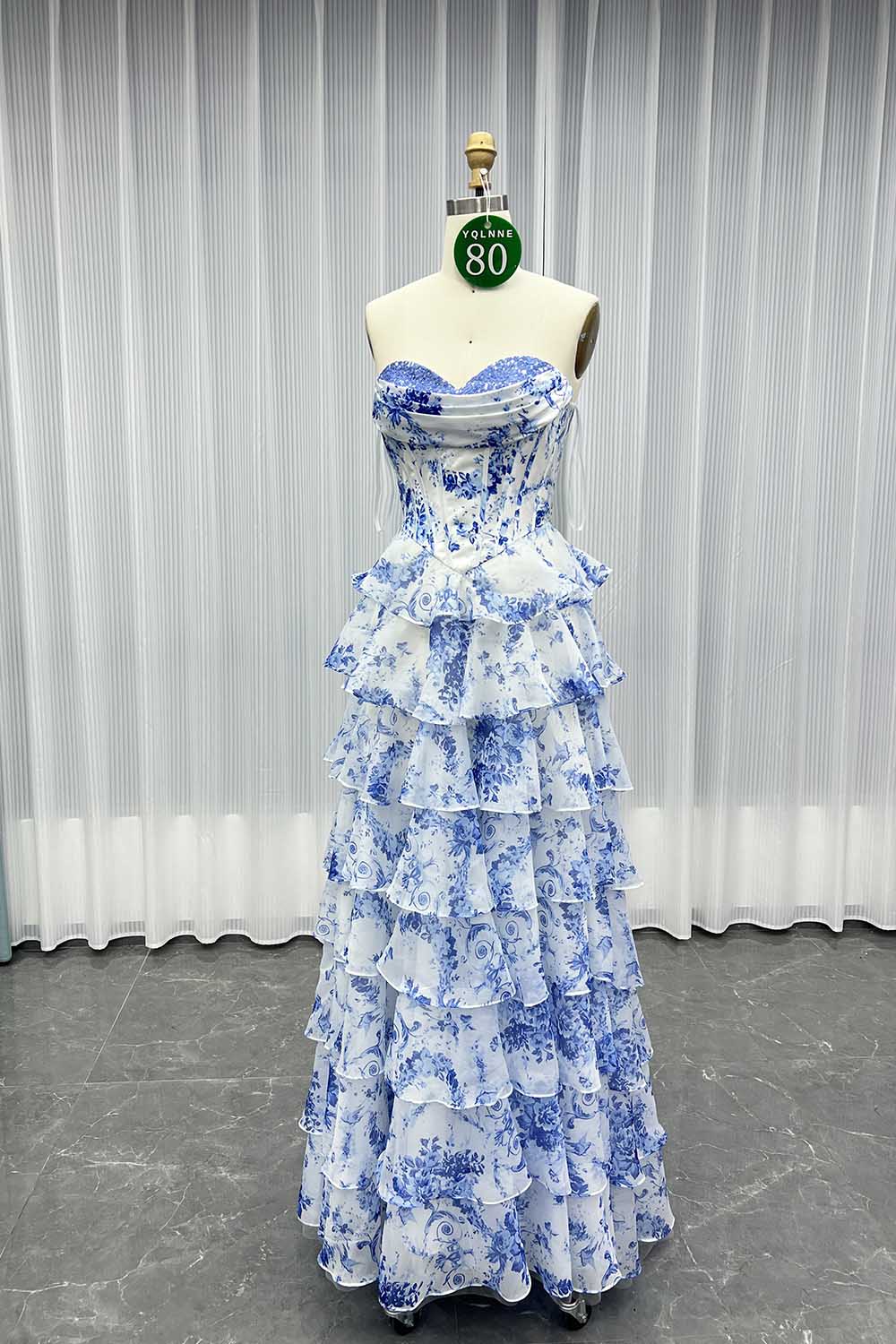 YQLNNE 080 Blue Printing Flowers Prom Dresses Long Slit Pink Party Dress