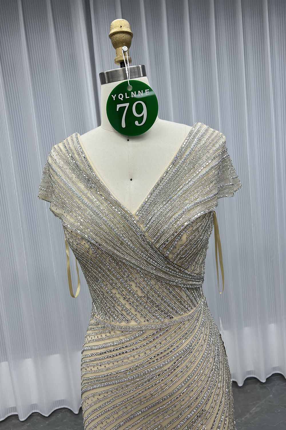 YQLNNE 079 Champagne Crystals Evening Dress Long Formal Gown For Mother of Bride