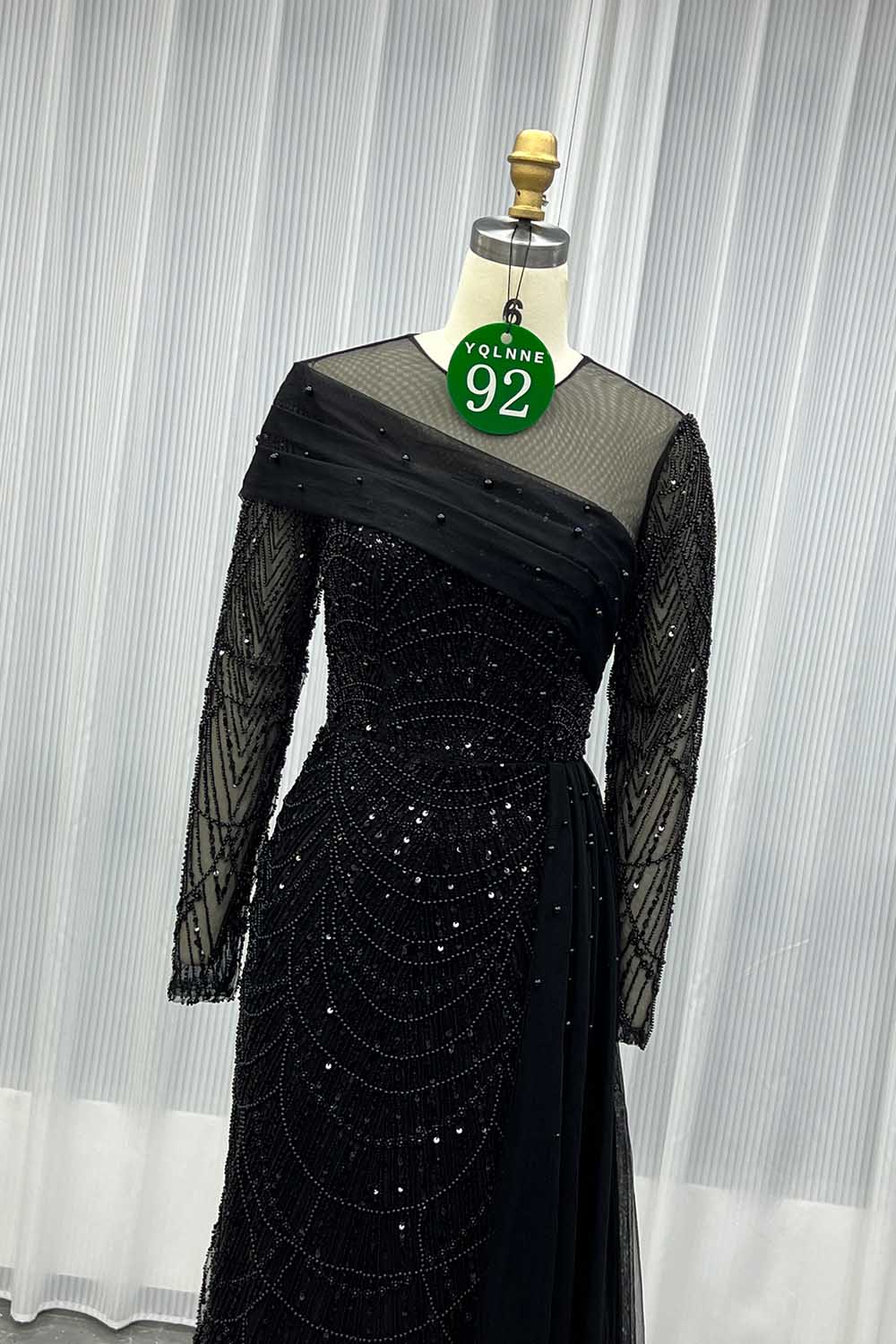 YQLNNE 092 Black Full Sleeves Beading Evening Dress