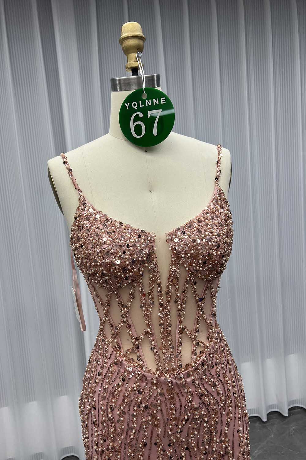 YQLNNE 067 Rose Gold Long Slit Prom Dress Mermaid Party Dress