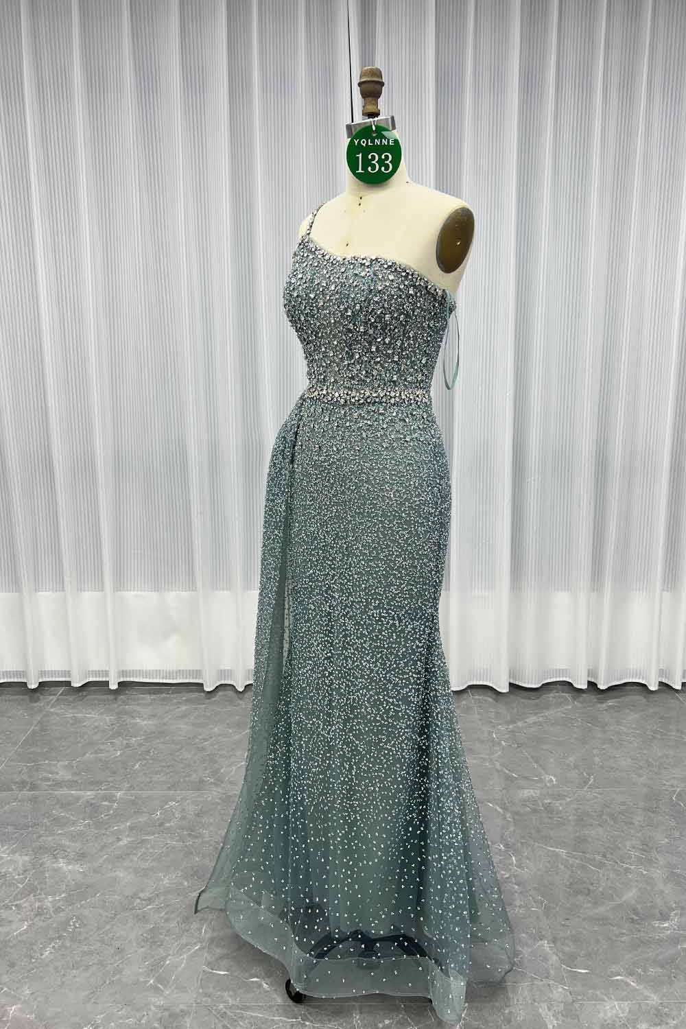 YQLNNE 0133 Sparkly Pine Green Crystals Evening Dress One Shoulder Long Glitter Prom Gown
