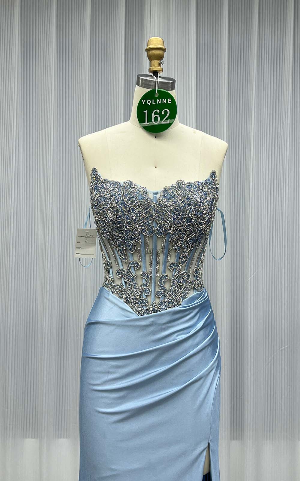 YQLNNE 0162 Blue Crystals Long Slit Prom Dress Satin Formal Gowns