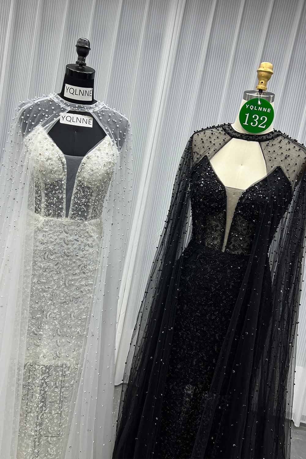 YQLNNE 0132 Black Strapless Beaded Evening Dress With Removable Shawl