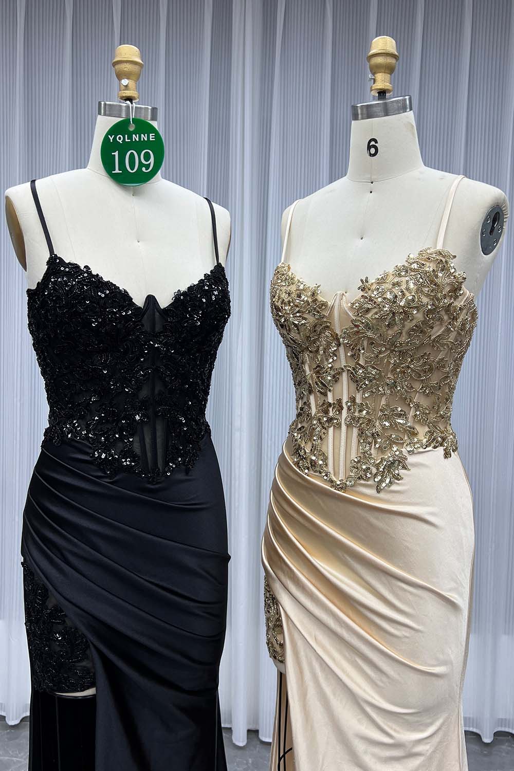 YQLNNE 0109 Gold Long Slit Prom Dress With Beadings