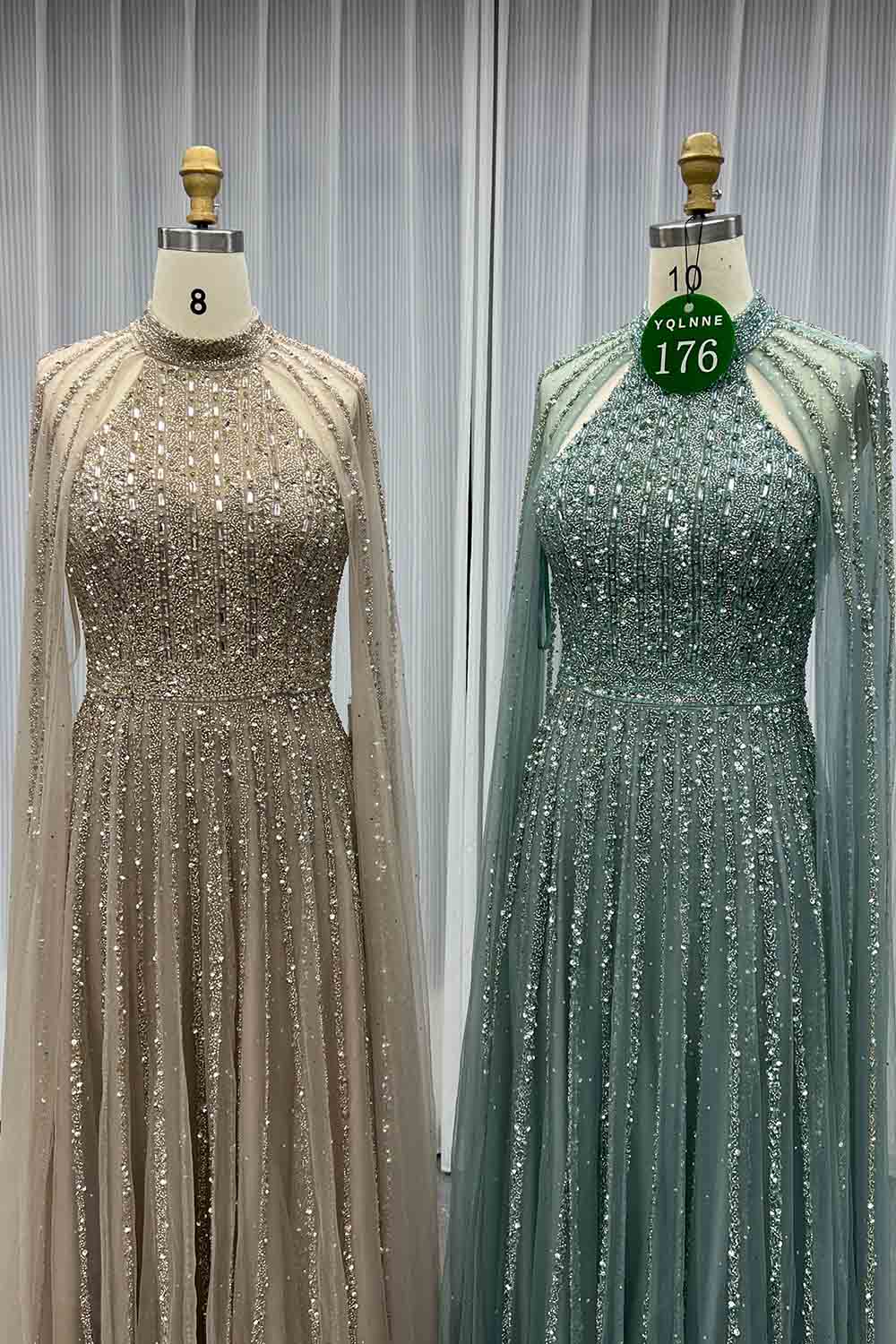 YQLNNE 0176 Sparkly Sage Crystals Evening Dress With Crystals Beaded Cape Sleeves