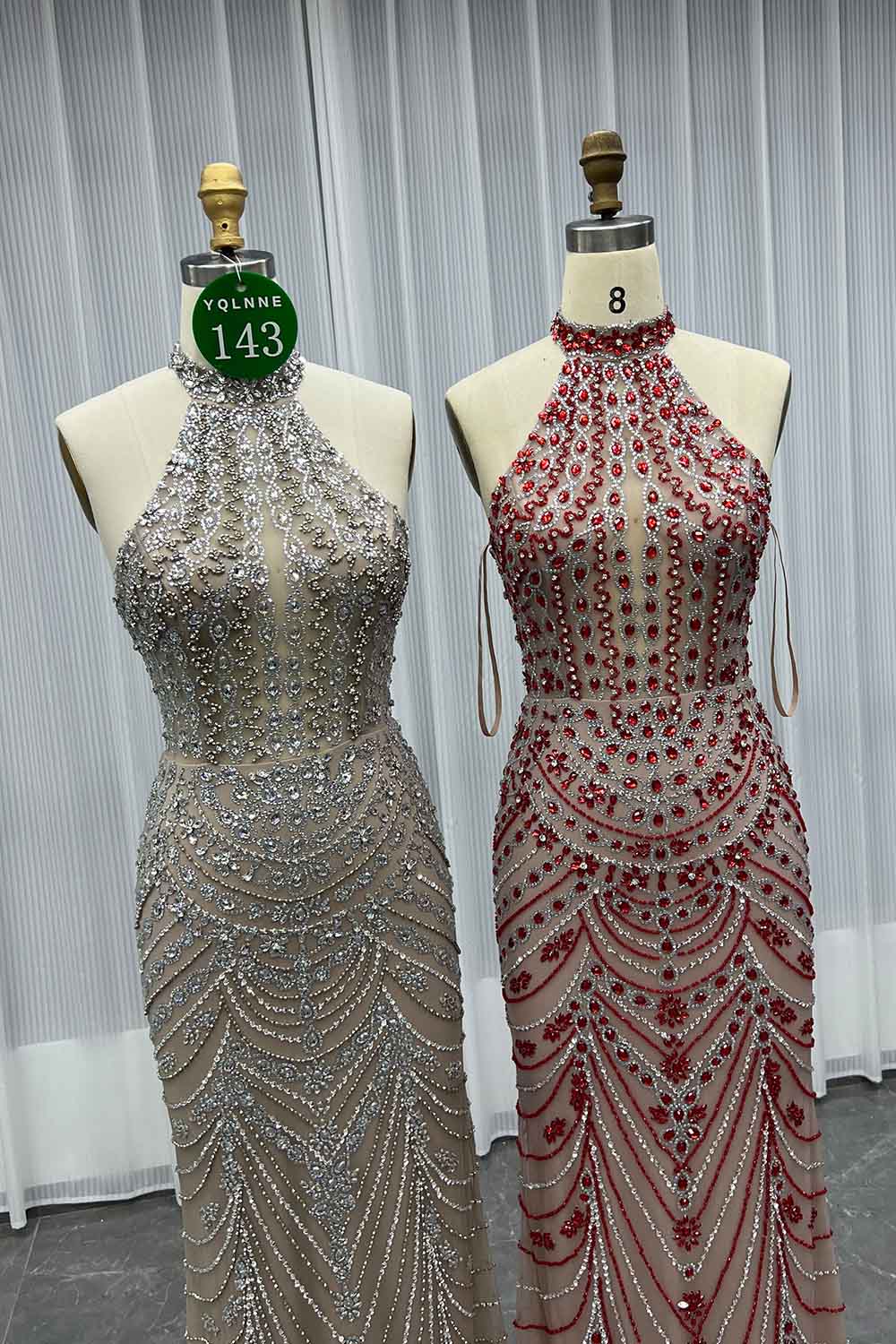 YQLNNE 0143 Red Crystals Beaded Evening Dress Halter Lace-up Back
