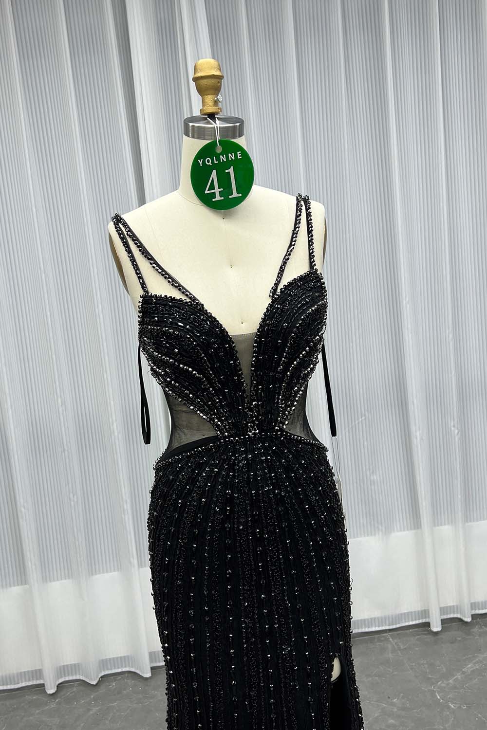 YQLNNE 041 Black Crystals Mermaid Evening Dress With Straps