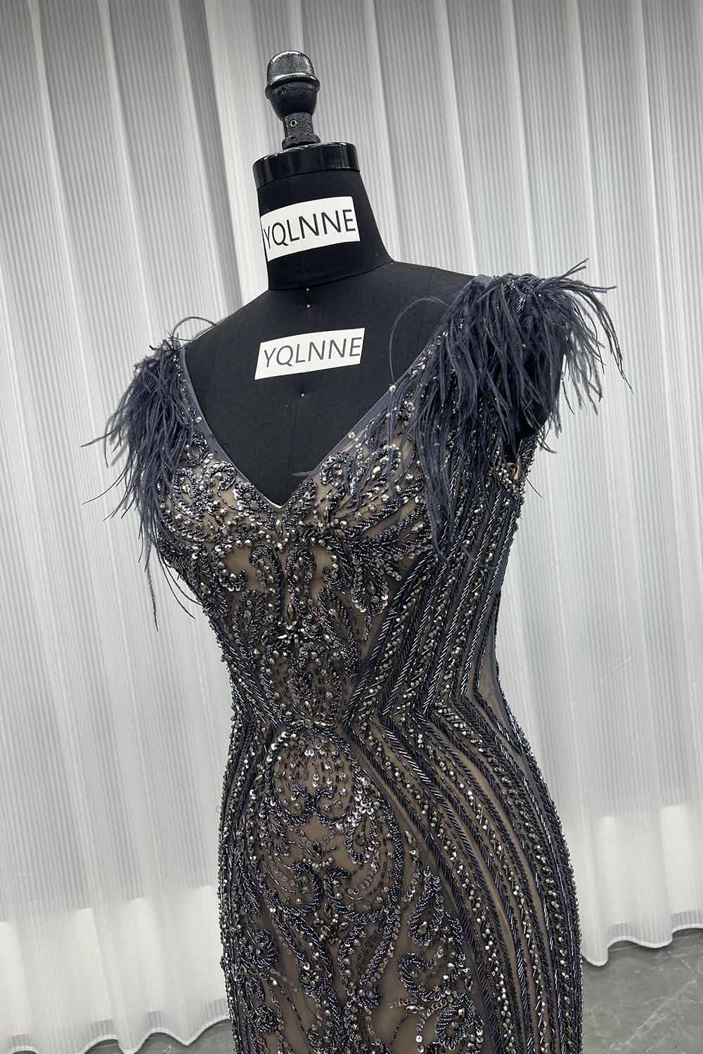 YQLNNE 034 Dark Gray Feathers Crystals Evening Dress Mermaid Pageant Gown