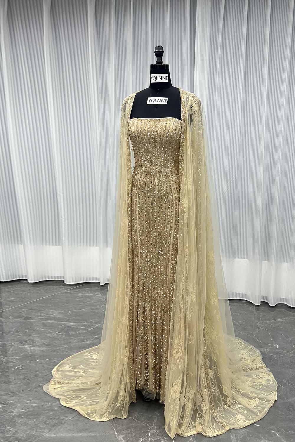 YQLNNE 051 Luxury Gold Crystals Beaded Evening Gown Formal Women Party Dress With Cape